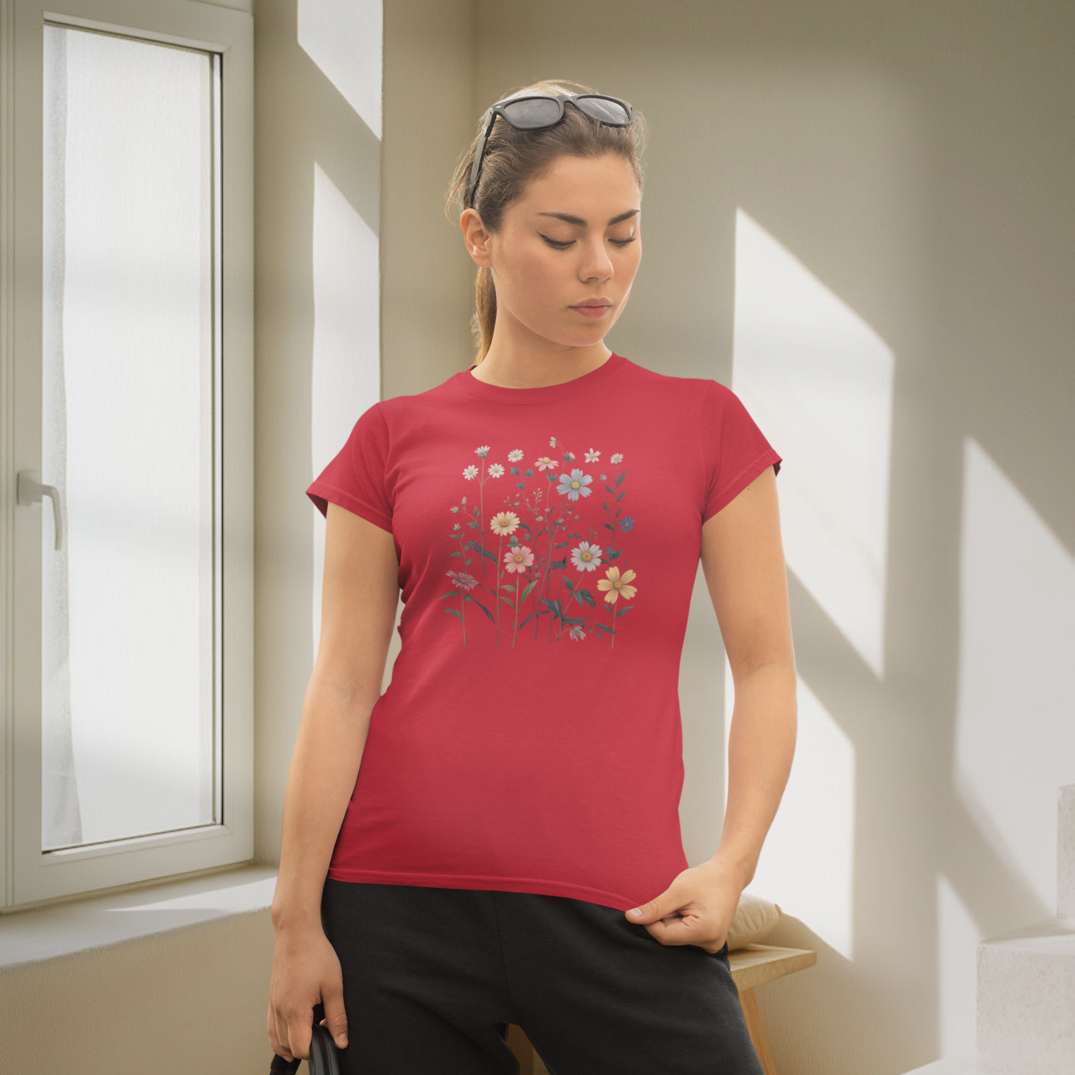 Blossoms printed crew neck half sleeve T-shirt for Women.