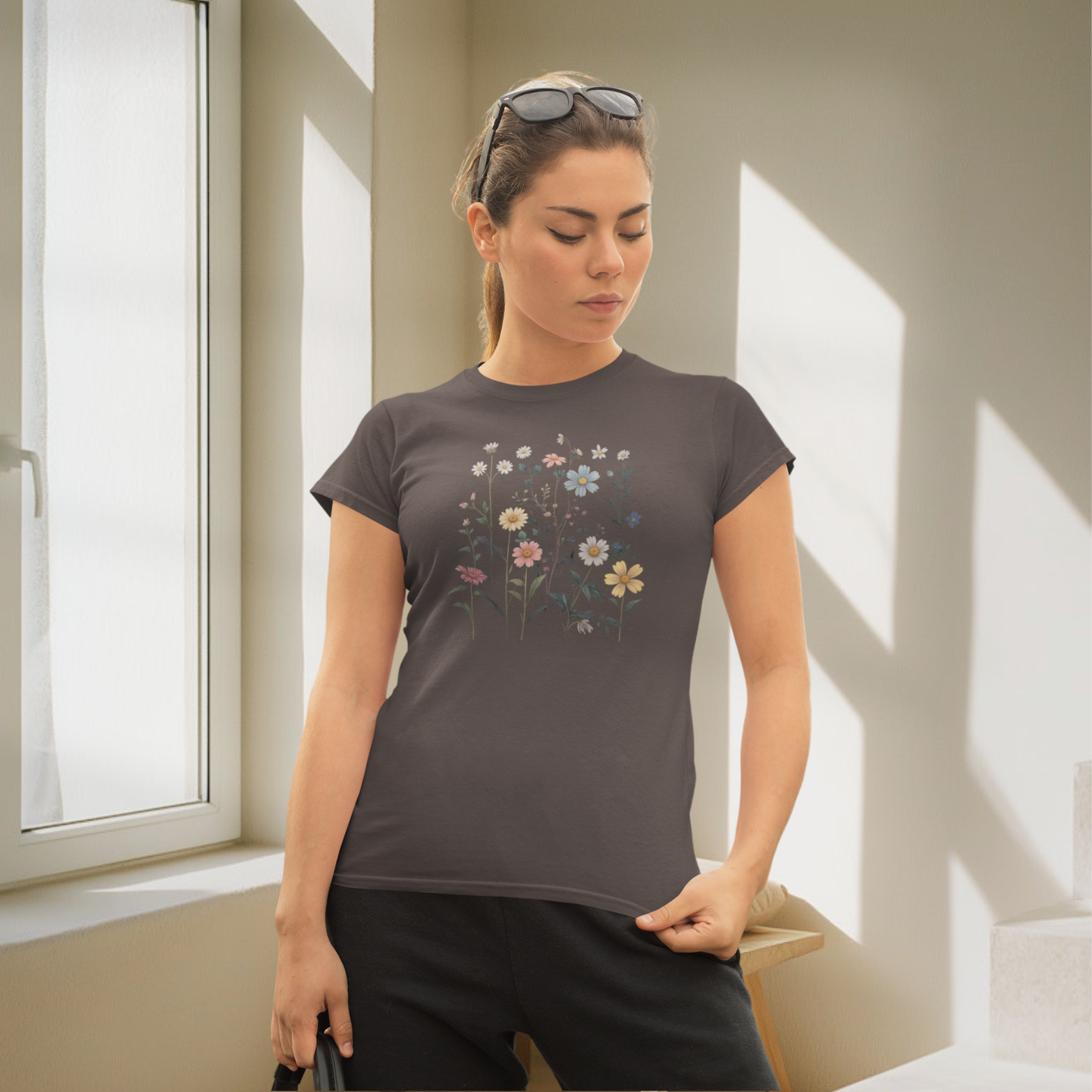 Blossoms printed crew neck half sleeve T-shirt for Women.