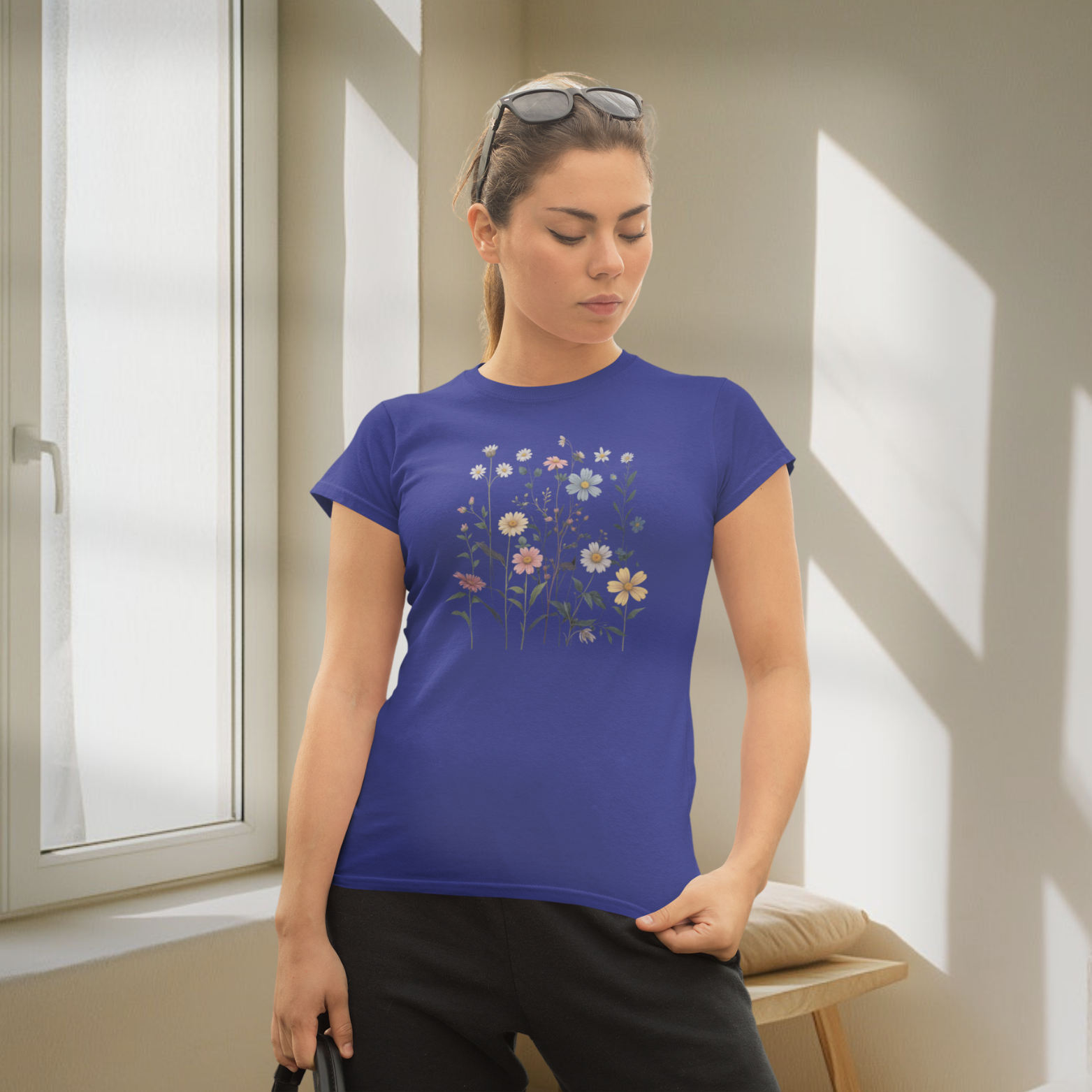 Blossoms printed crew neck half sleeve T-shirt for Women.