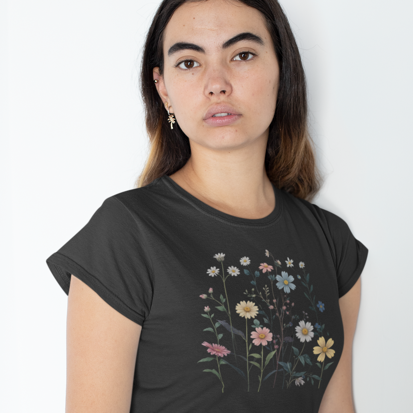 Blossoms printed crew neck half sleeve T-shirt for Women.