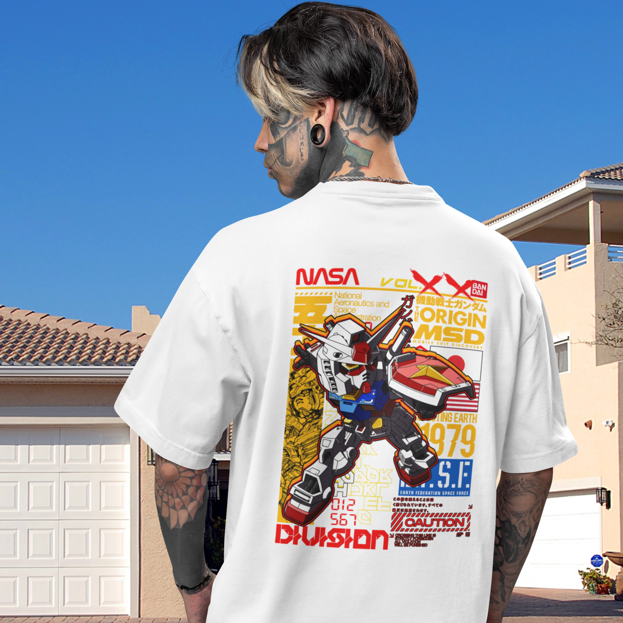 Men Gundam Nasa graphic printed back view oversized Tee