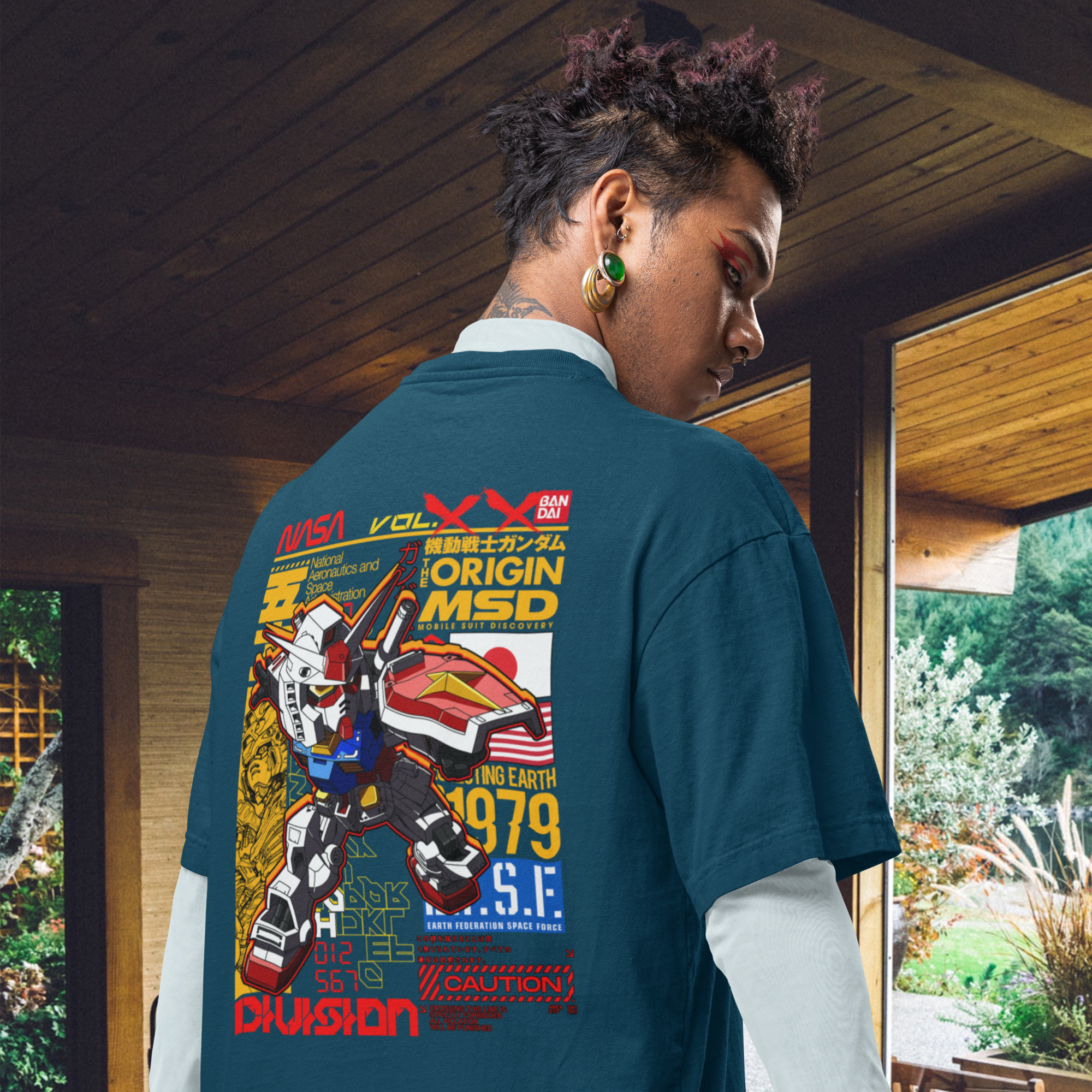 Men Gundam Nasa graphic printed back view oversized Tee