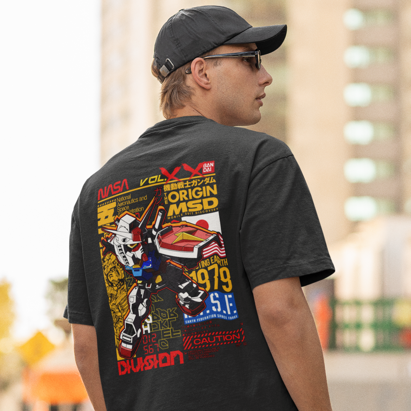 Men Gundam Nasa graphic printed back view oversized Tee