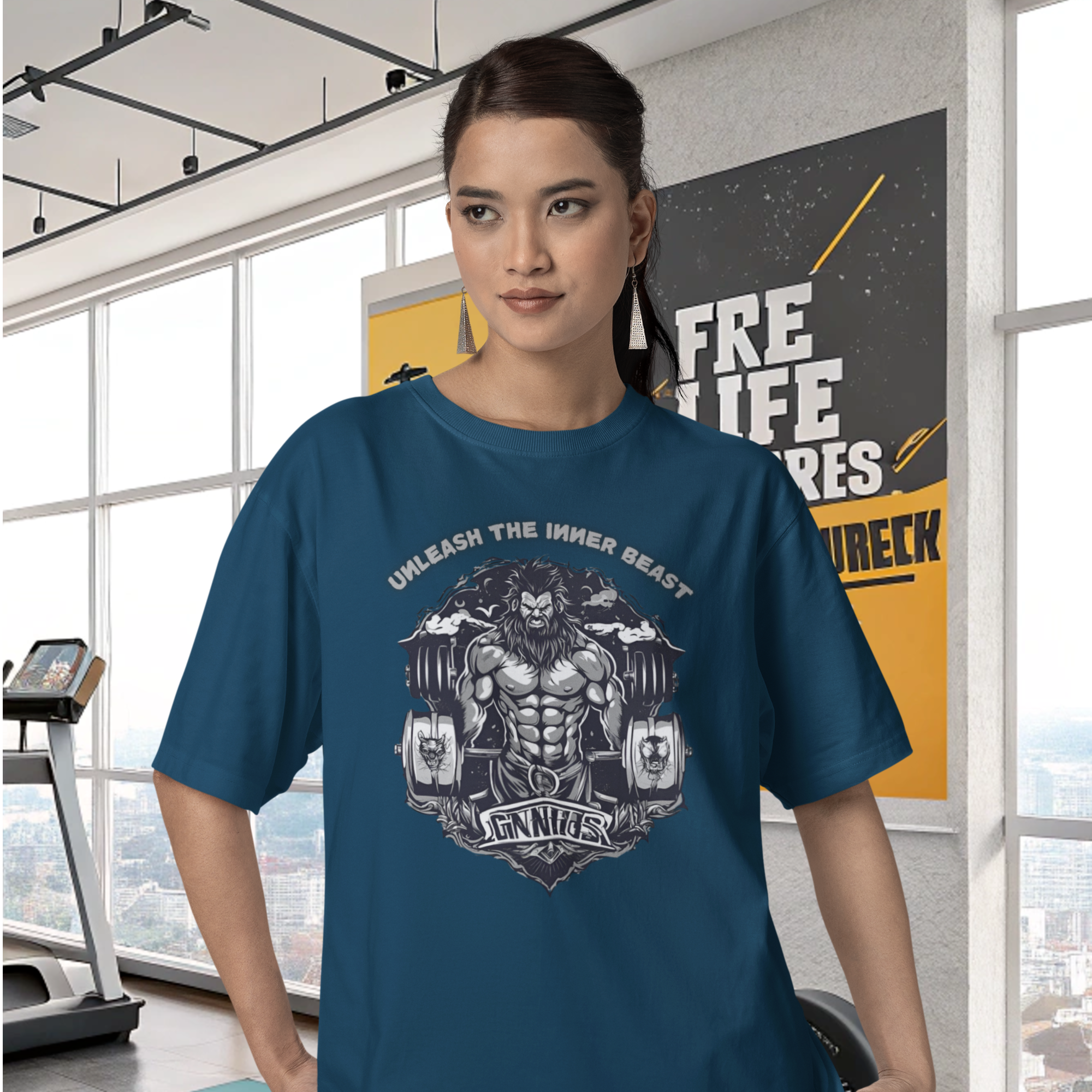 Women gym wear deadlifting  graphic printed round neck oversized t-shirt