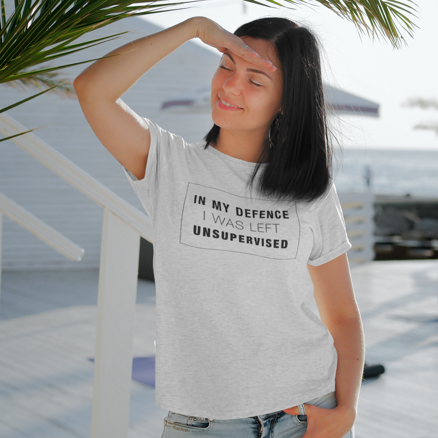 Humor Text Melange Grey T-Shirt for Women Crew Neck Casual Tee