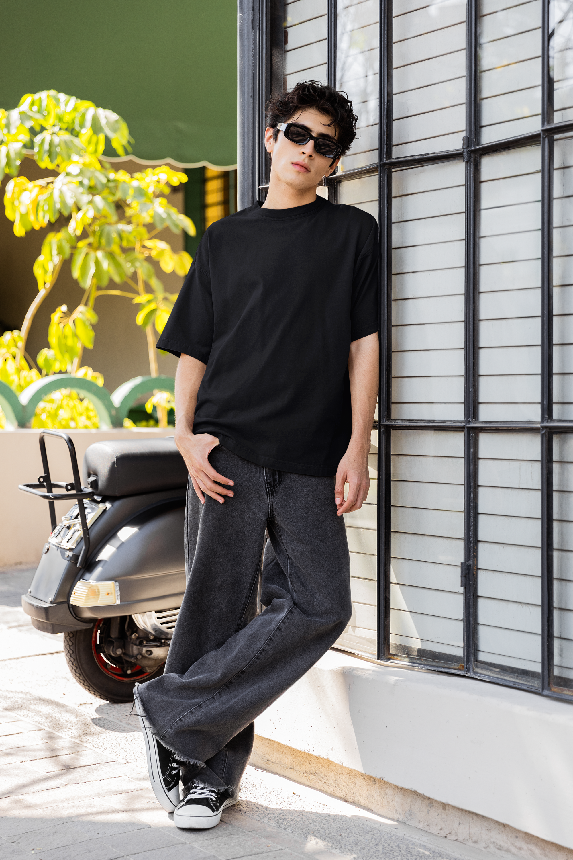 oversized space print t-shirt men black cotton blend