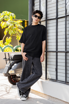 oversized space print t-shirt men black cotton blend