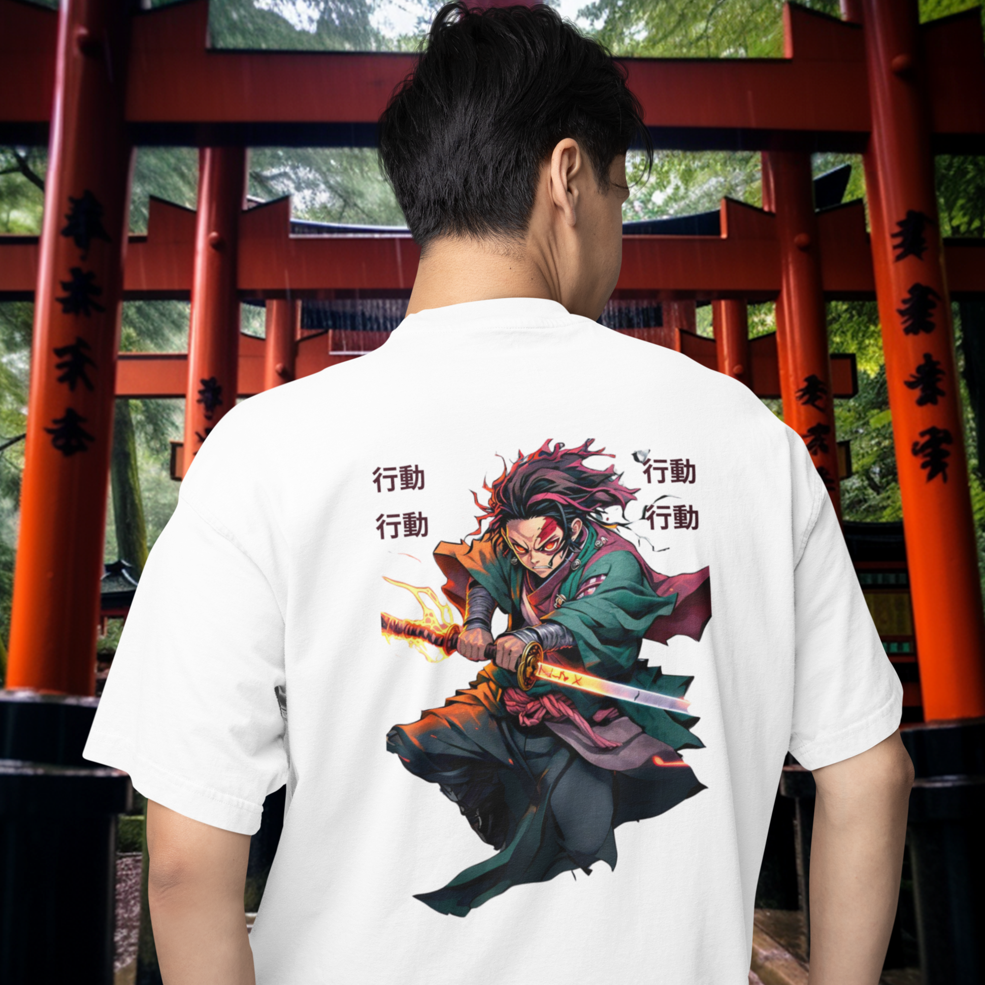 Men tanjiro kamado anime printed oversized round neck T-shirt