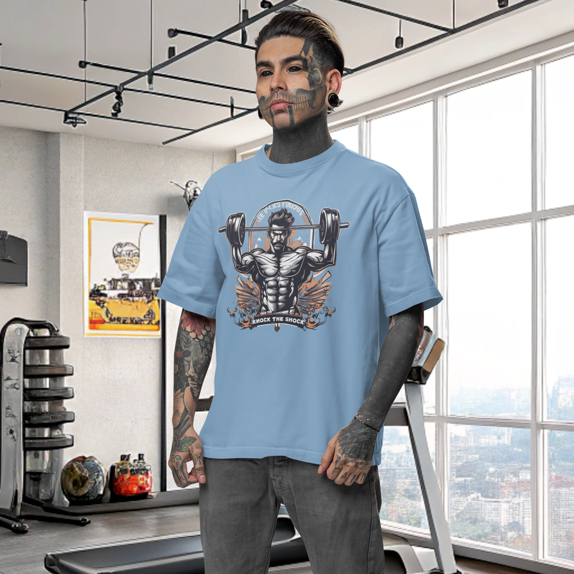 Men gym wear deadlifting graphic printed round neck oversized t-shirt