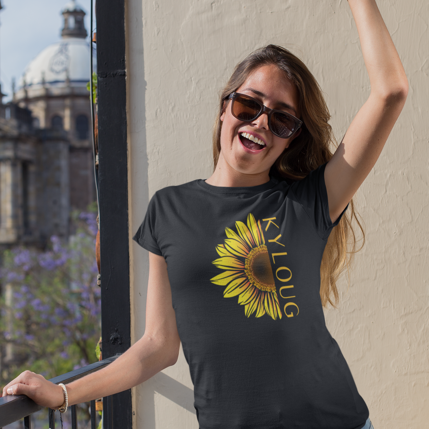 Kyloug golden sun flower printed crew neck t-shirt for Women