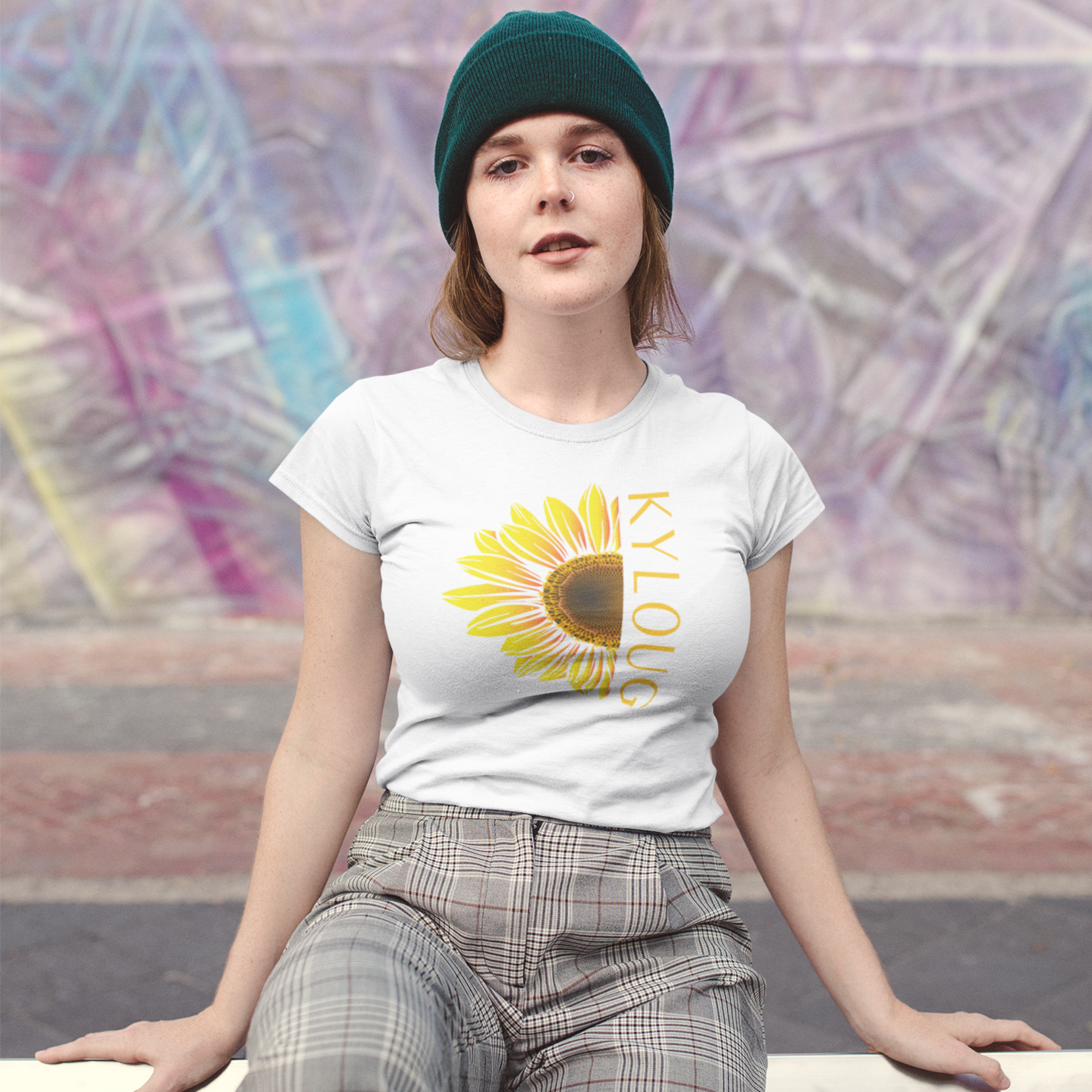 Kyloug golden sun flower printed crew neck t-shirt for Women