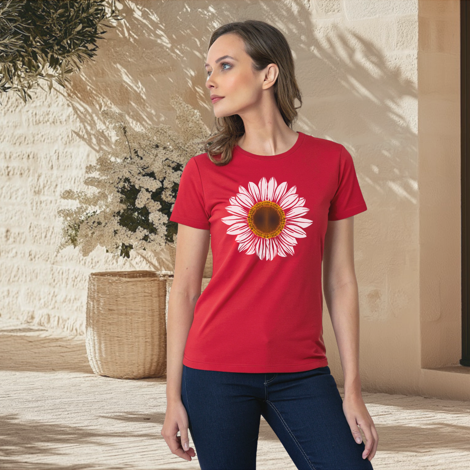 Natural white flower printed crew neck t-shirt for Women