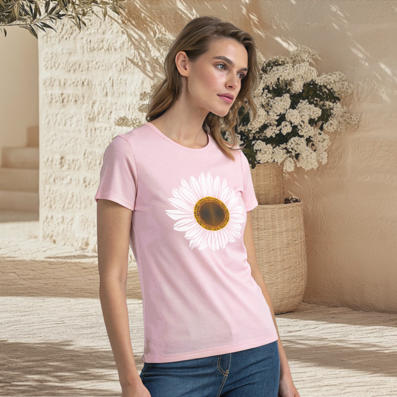 Natural white flower printed crew neck t-shirt for Women
