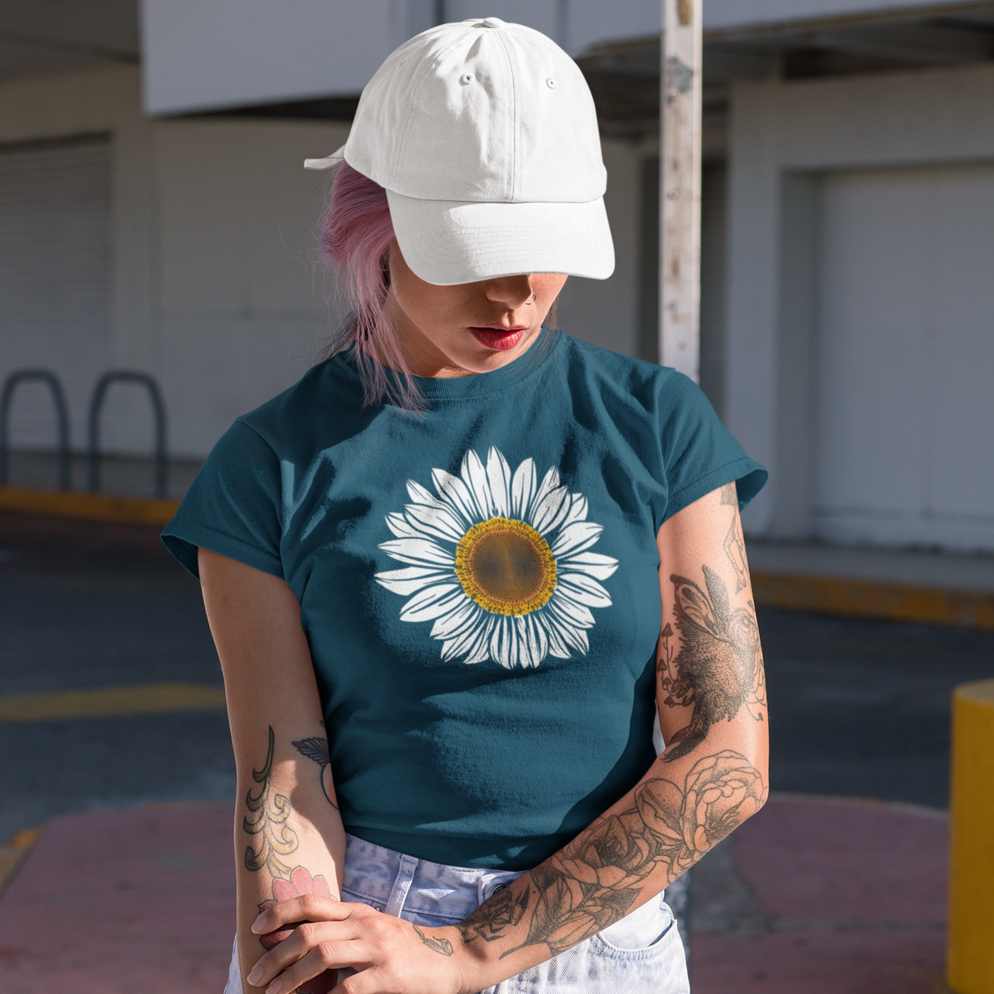 Natural white flower printed crew neck t-shirt for Women