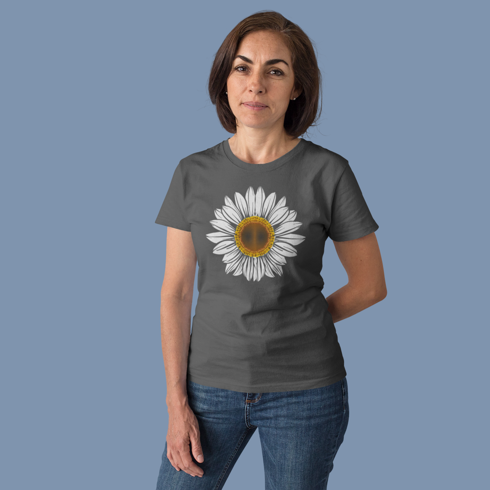 Natural white flower printed crew neck t-shirt for Women