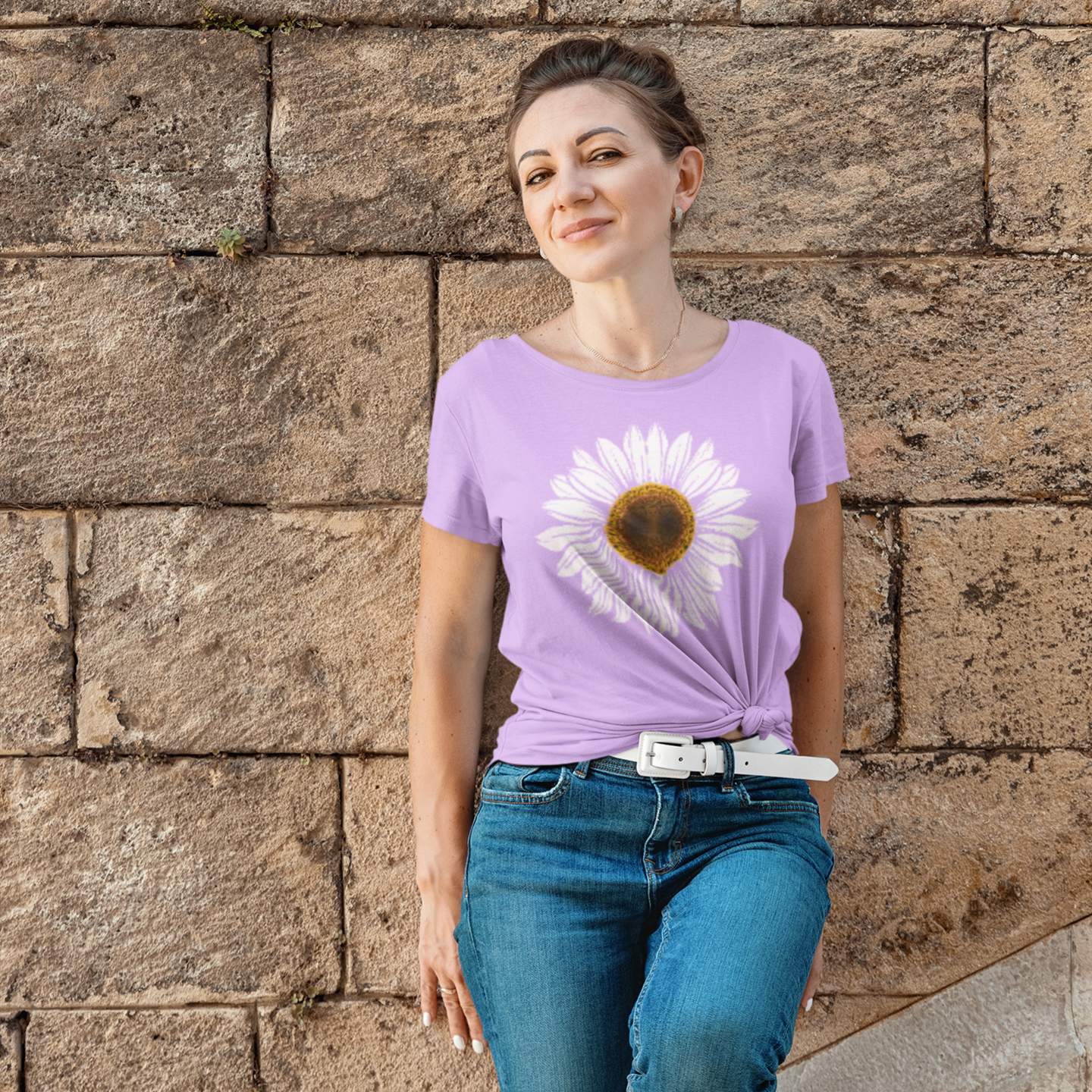 Natural white flower printed crew neck t-shirt for Women