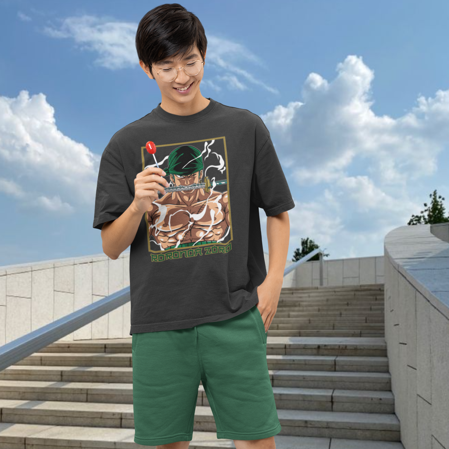 Men Roronoa zoro Graphic printed oversized Tee