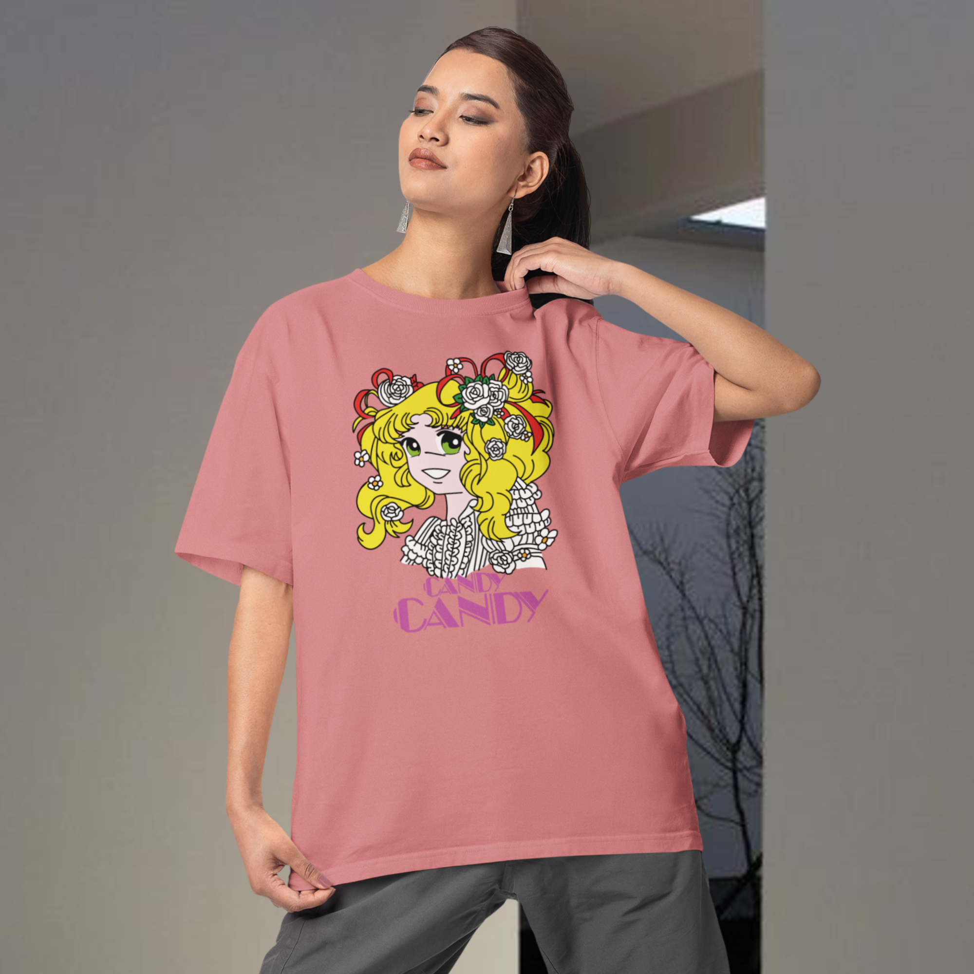 Women candy candy graphic printed crew neck oversized Tee