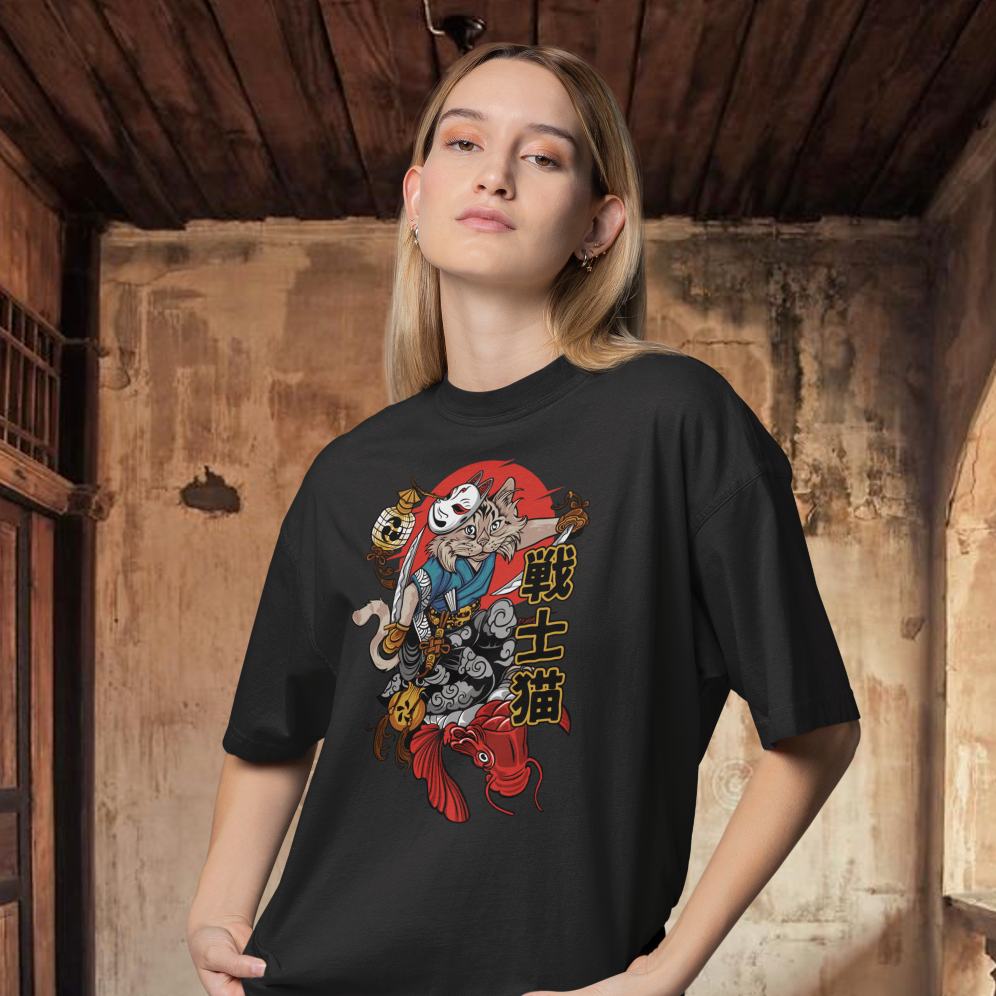 Women Nekoma samurai graphic printed oversized Tee