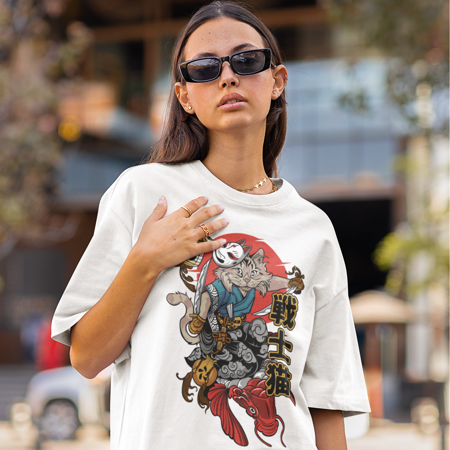 Women Nekoma samurai graphic printed oversized Tee