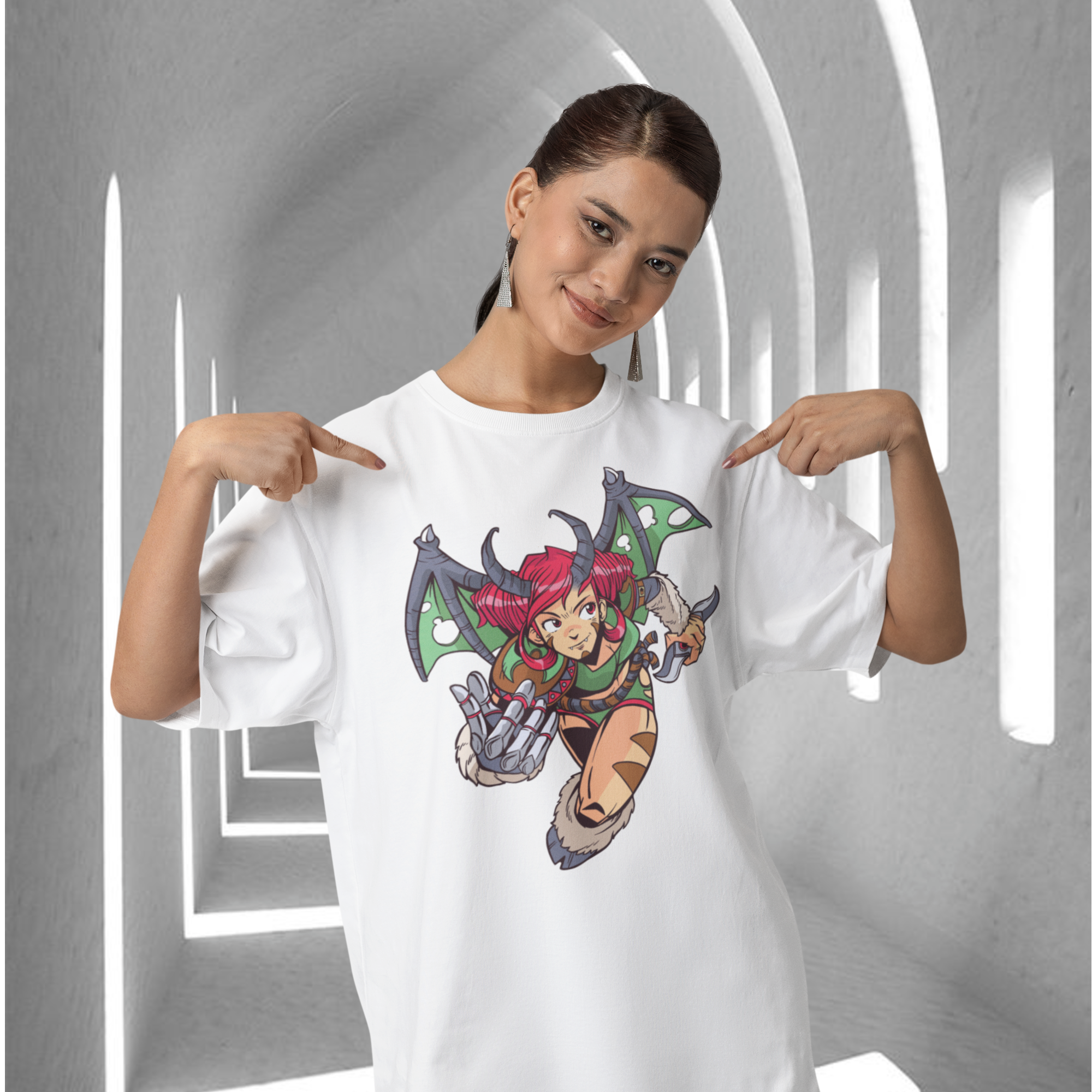 Women demon girl graphic printed crew neck oversized Tee