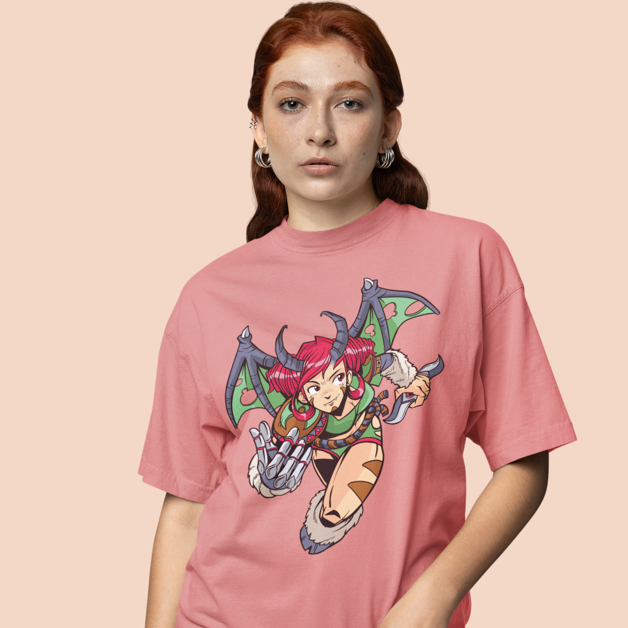 Women demon girl graphic printed crew neck oversized Tee