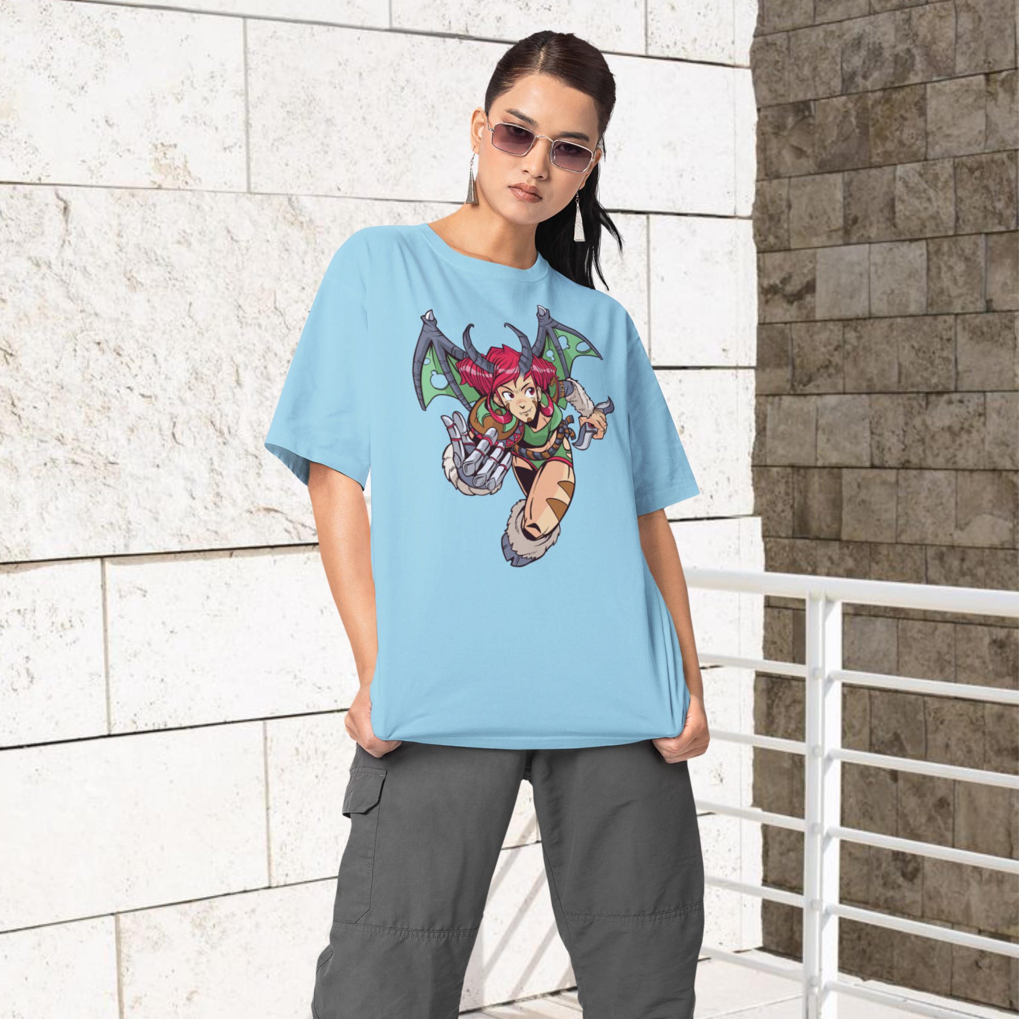 Women demon girl graphic printed crew neck oversized Tee