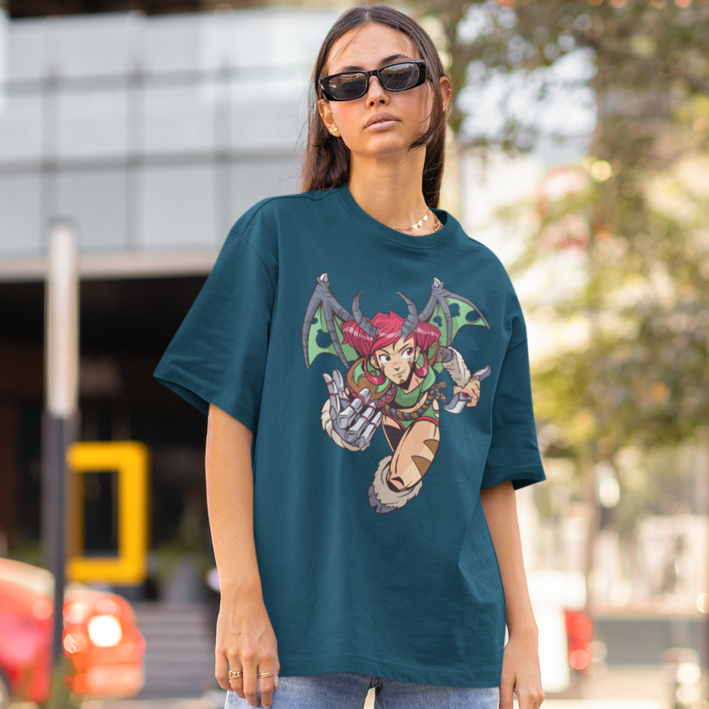 Women demon girl graphic printed crew neck oversized Tee