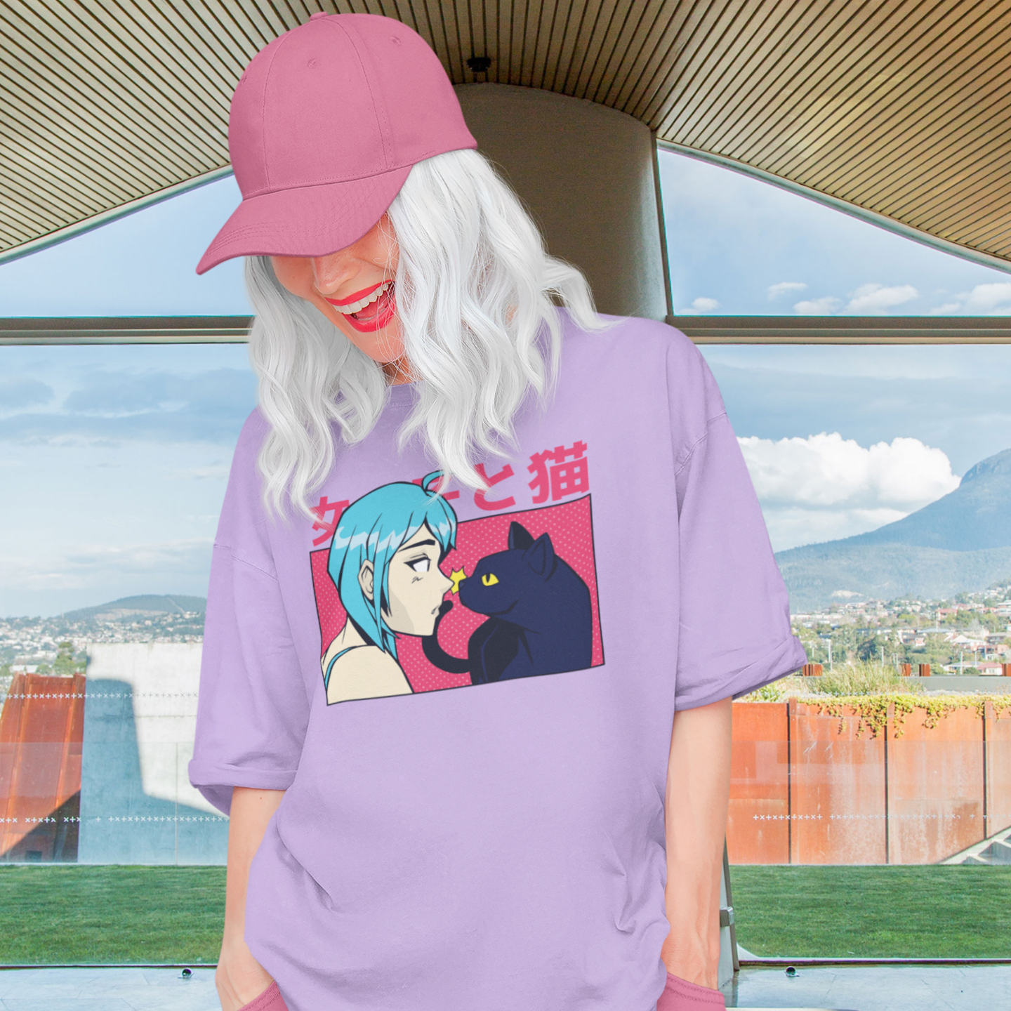 Women Neko kawaii Graphic printed oversized Tee