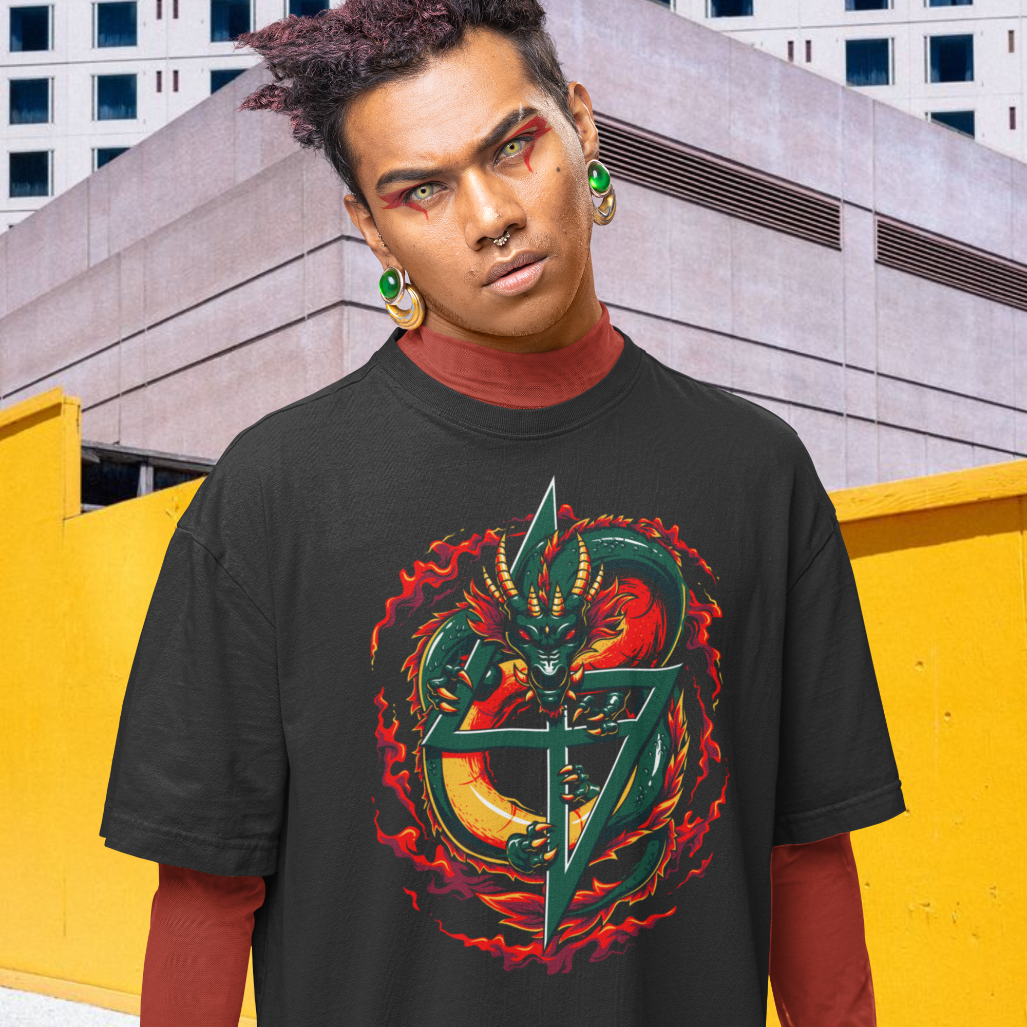 Men Traditional dragon graphic printed crew neck oversized Tee