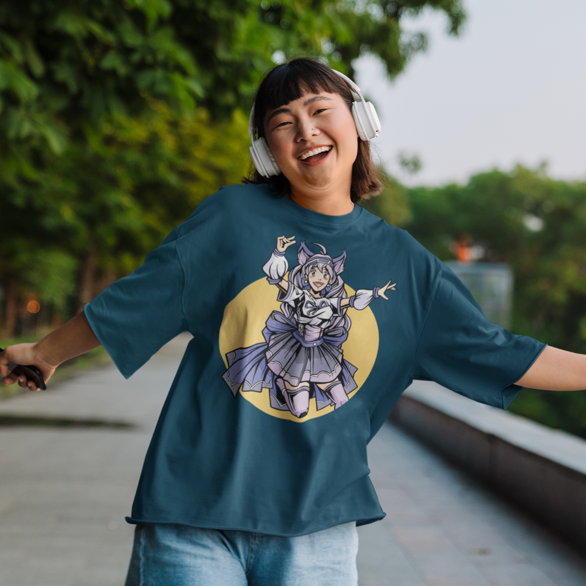 Women Cat girl Graphic printed oversized Tee