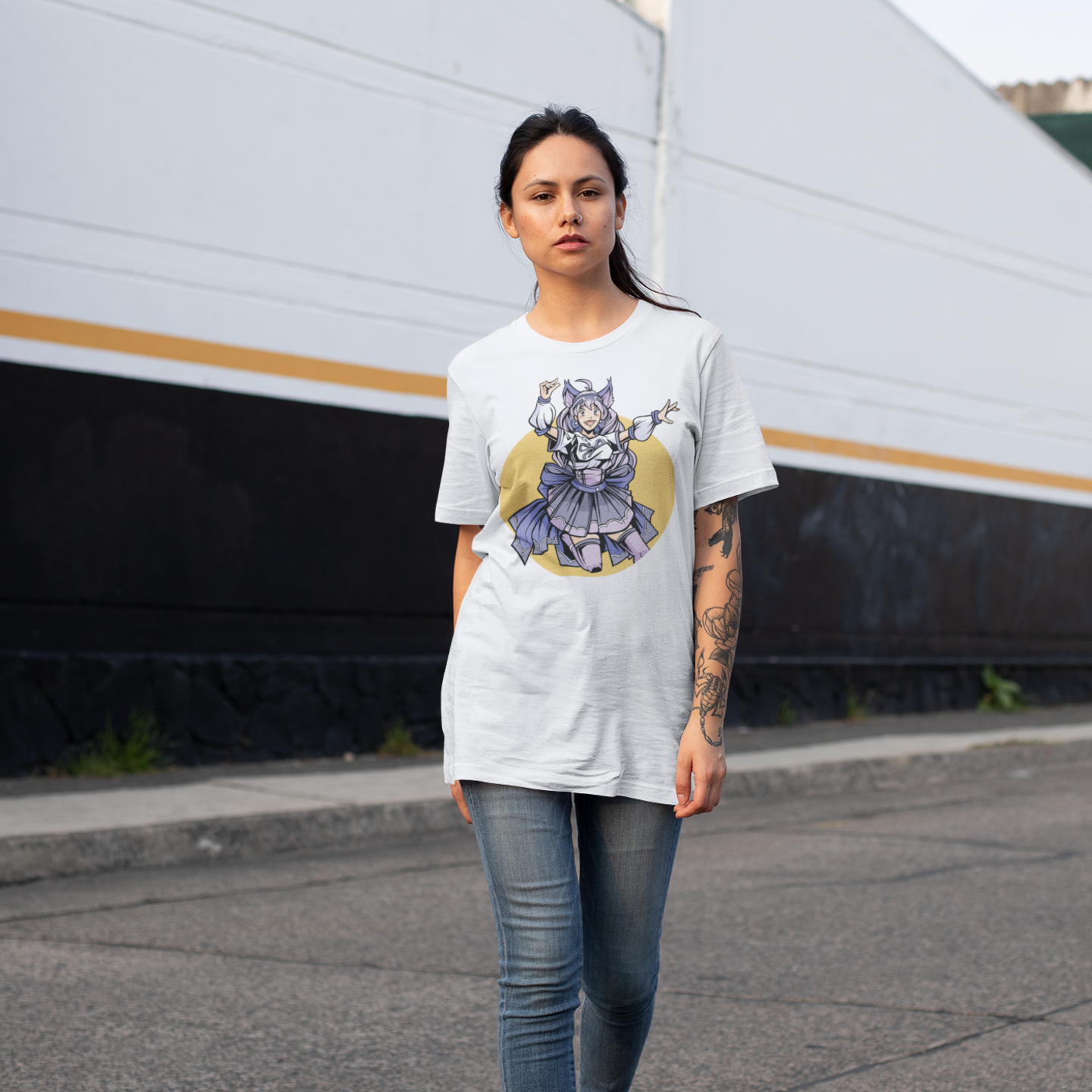 Women Cat girl Graphic printed oversized Tee