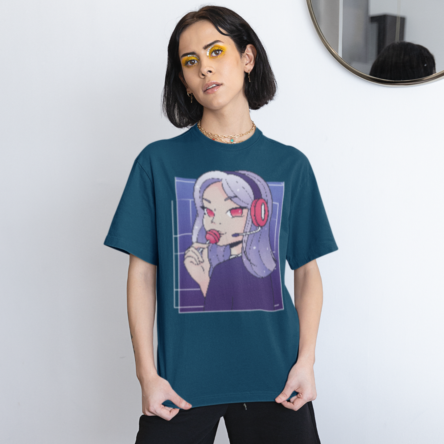 Women gamer girl lollypop graphic printed crew neck oversized Tee