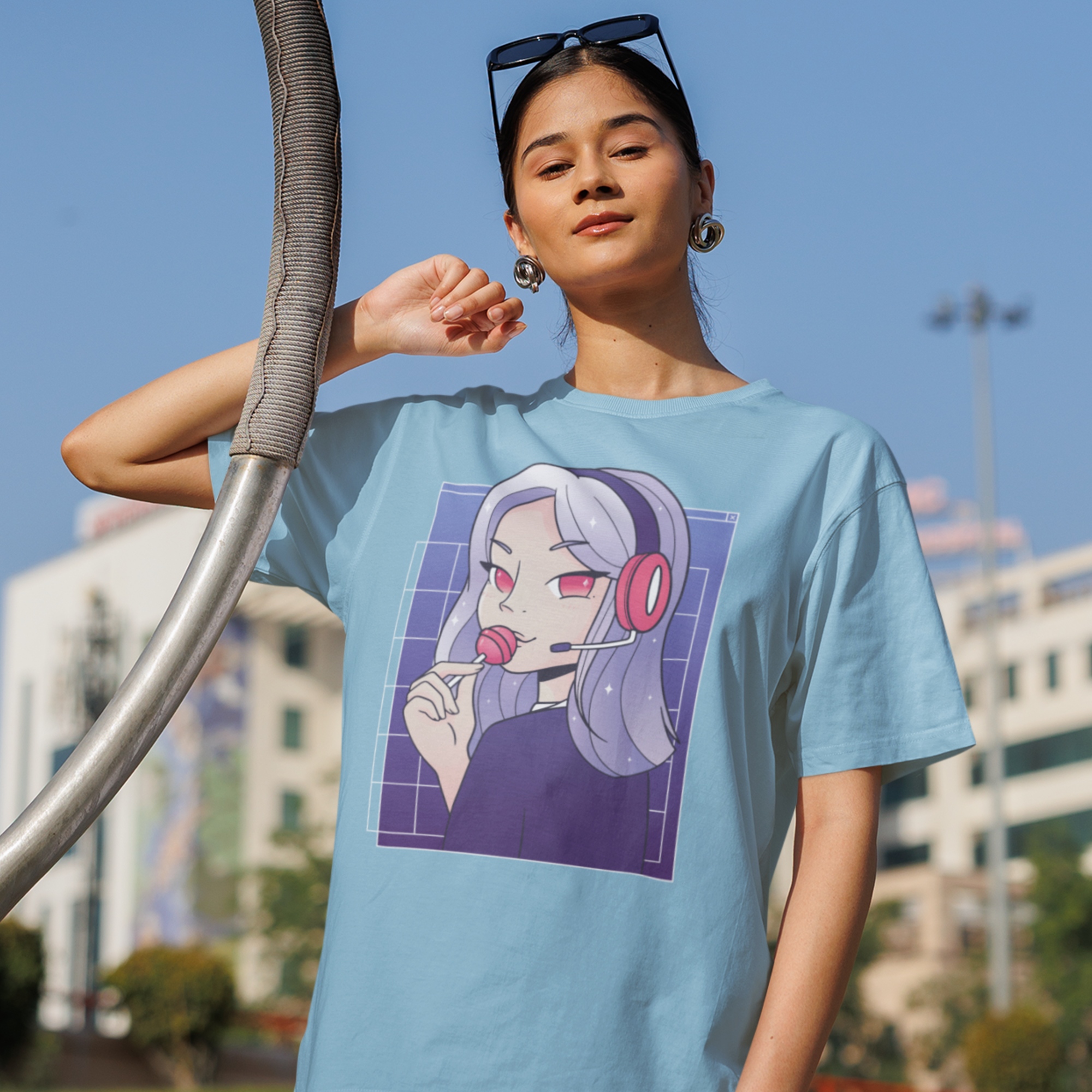 Women gamer girl lollypop graphic printed crew neck oversized Tee