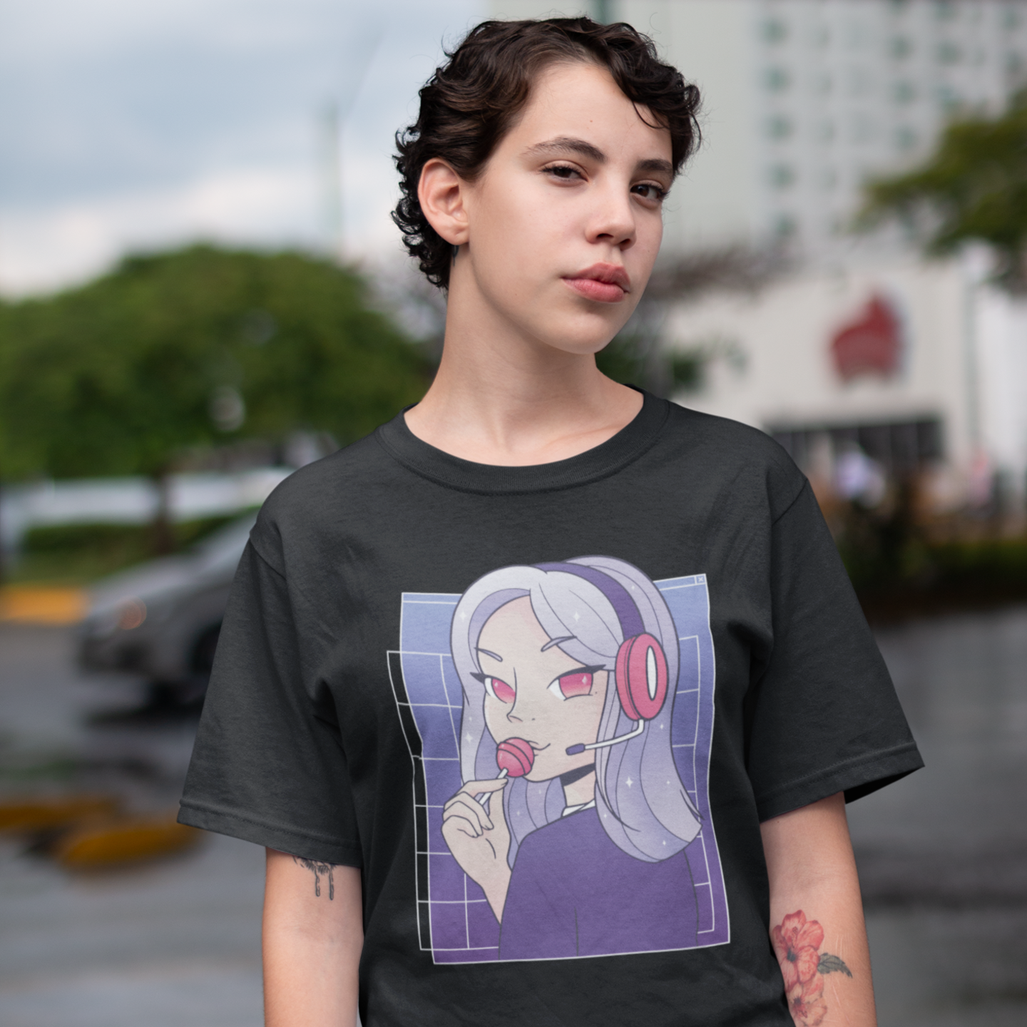 Women gamer girl lollypop graphic printed crew neck oversized Tee