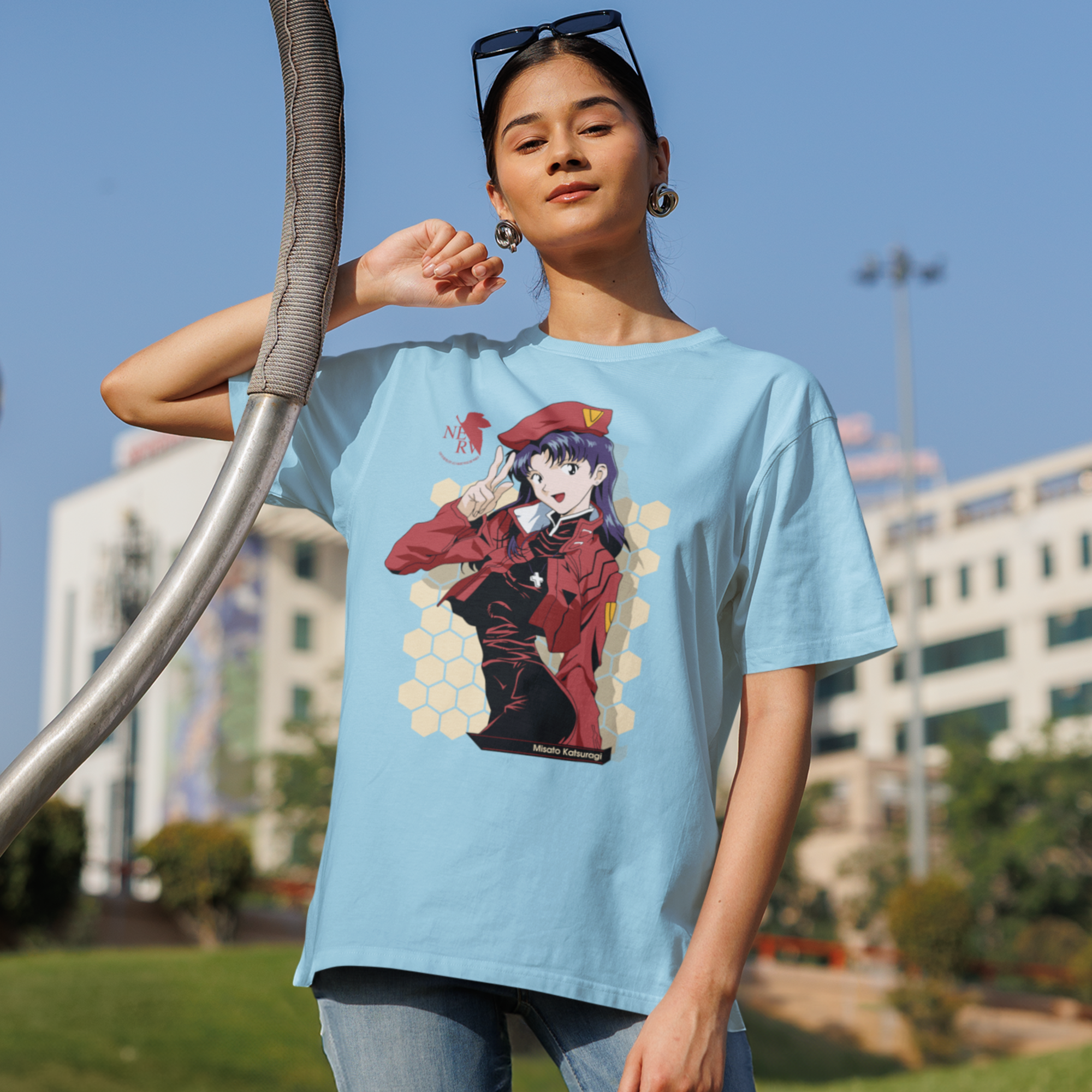 Women Misato Katsuragi graphic printed oversized Tee