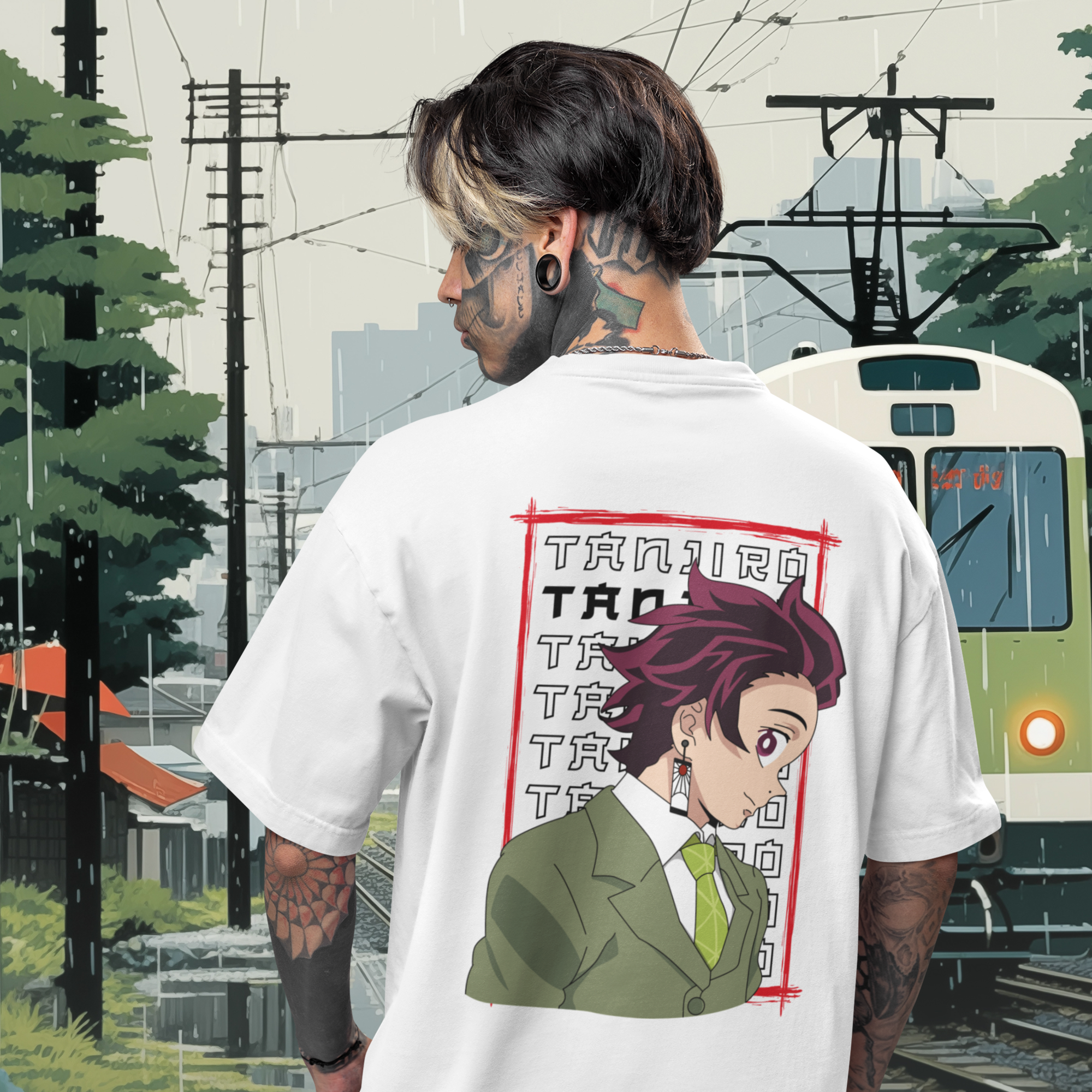 Men Tanjiro demon slayer graphic back printed oversized Tee