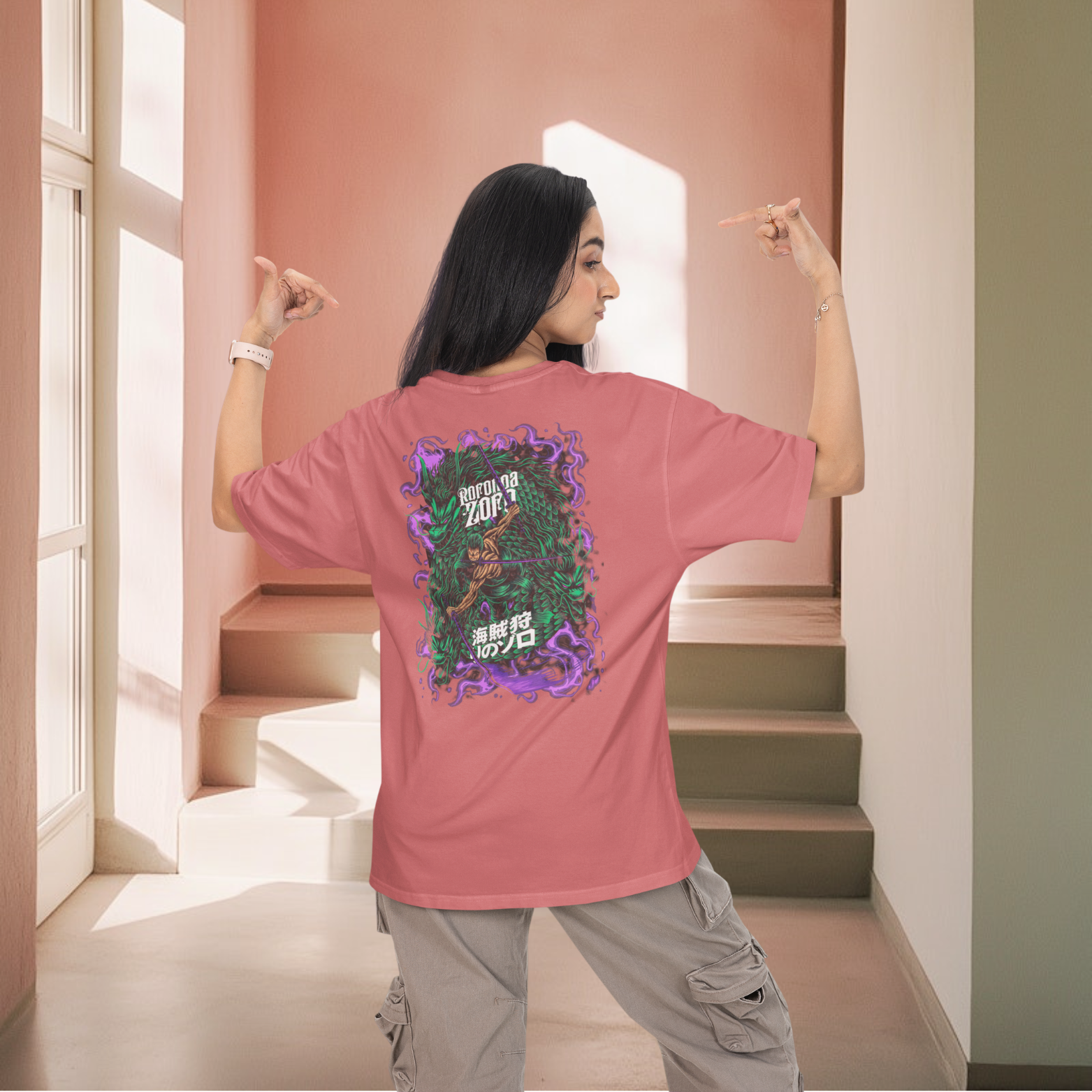Women roronao zoro Anime printed Oversized Back Print T-Shirt