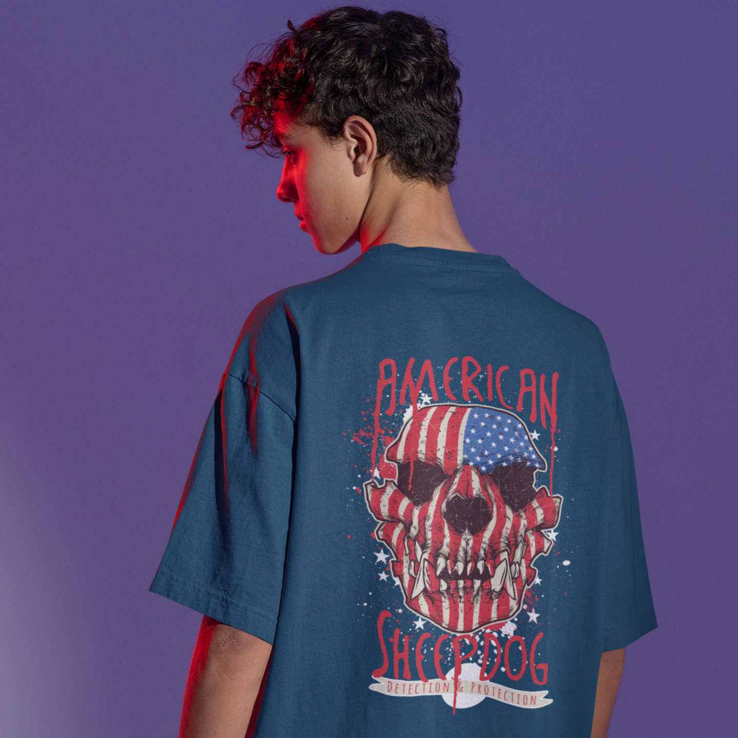 'AMERICAN SHEEPDOG' Men’s Oversized Back Printed Streetwear T-Shirt – Navy Blue