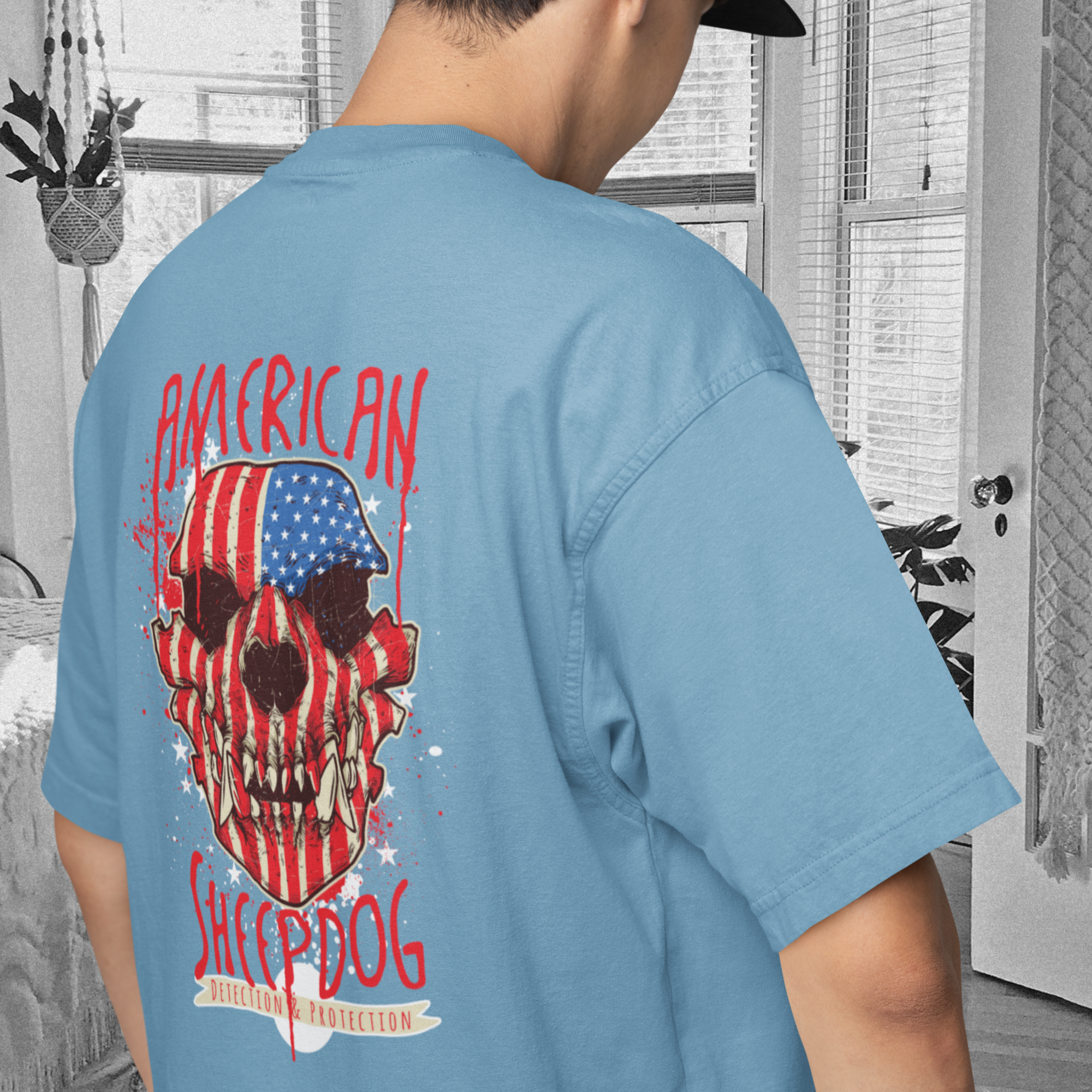  'AMERICAN SHEEPDOG' Men’s Oversized Back Printed Streetwear T-Shirt – Baby Blue