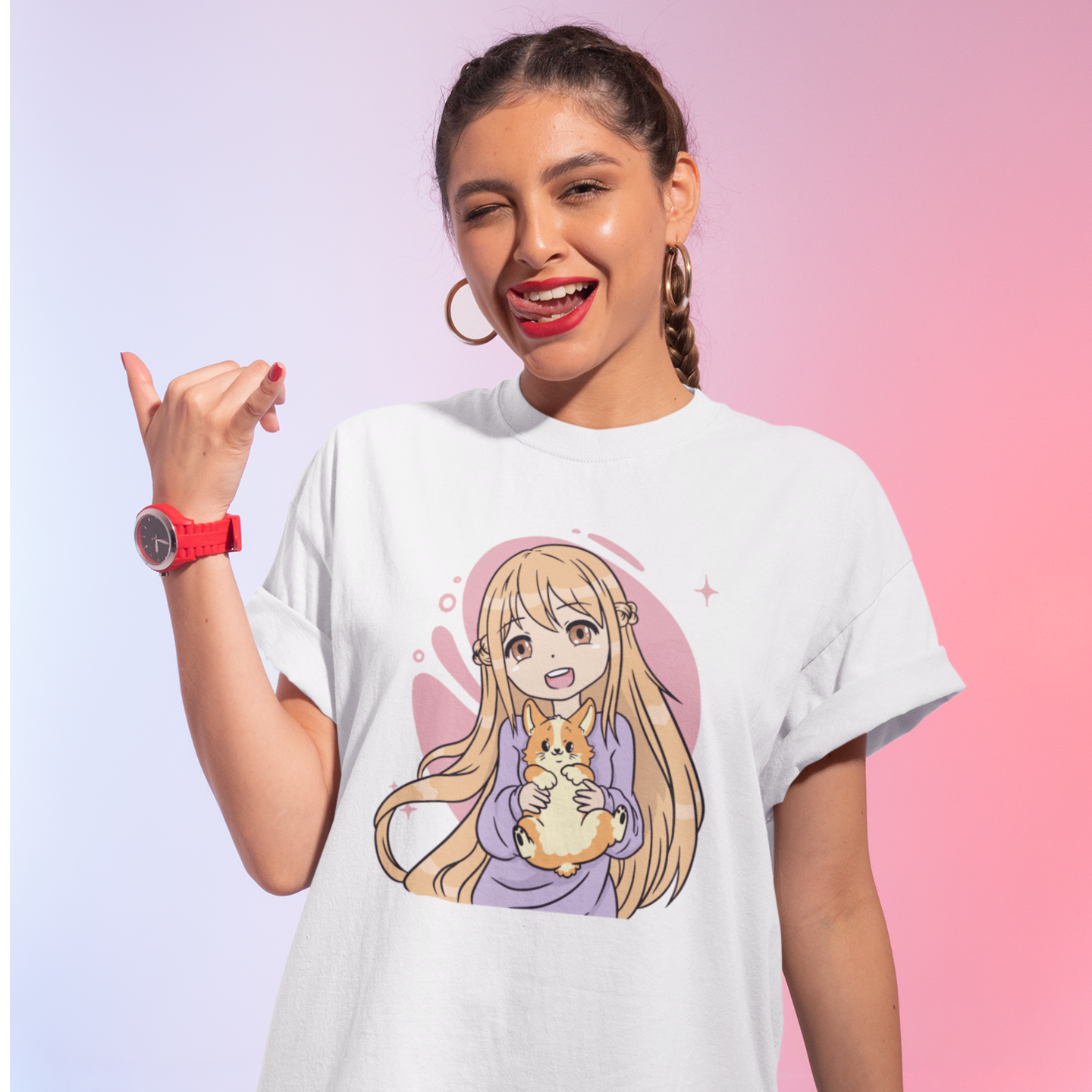 Women corgi dog anime printed oversized crew neck Tee