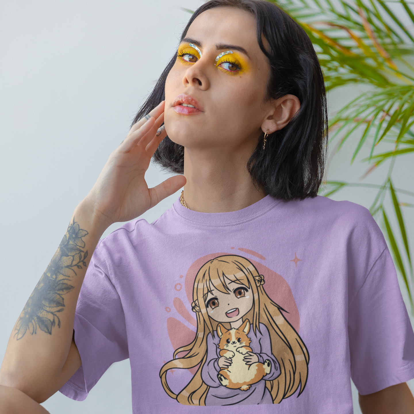 Women corgi dog anime printed oversized crew neck Tee