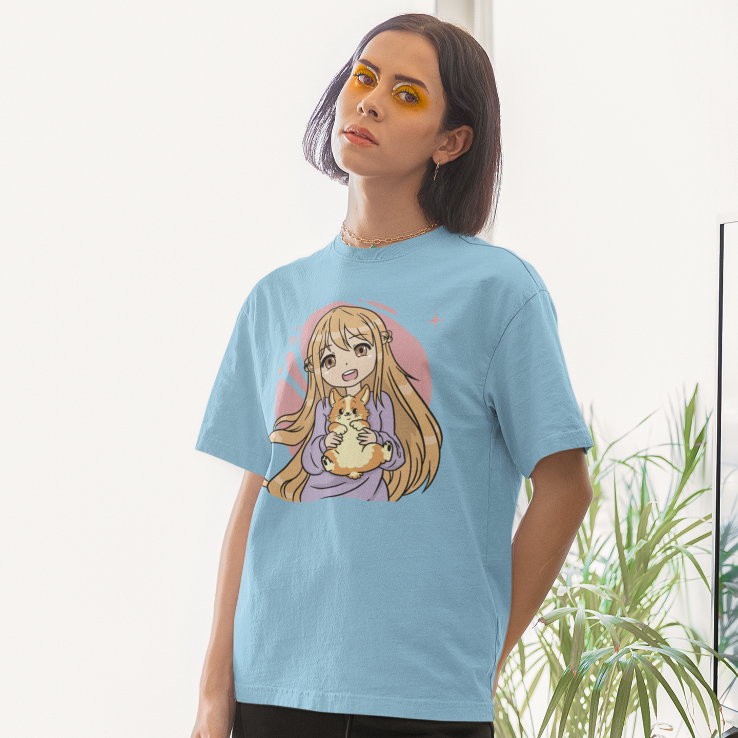 Women corgi dog anime printed oversized crew neck Tee