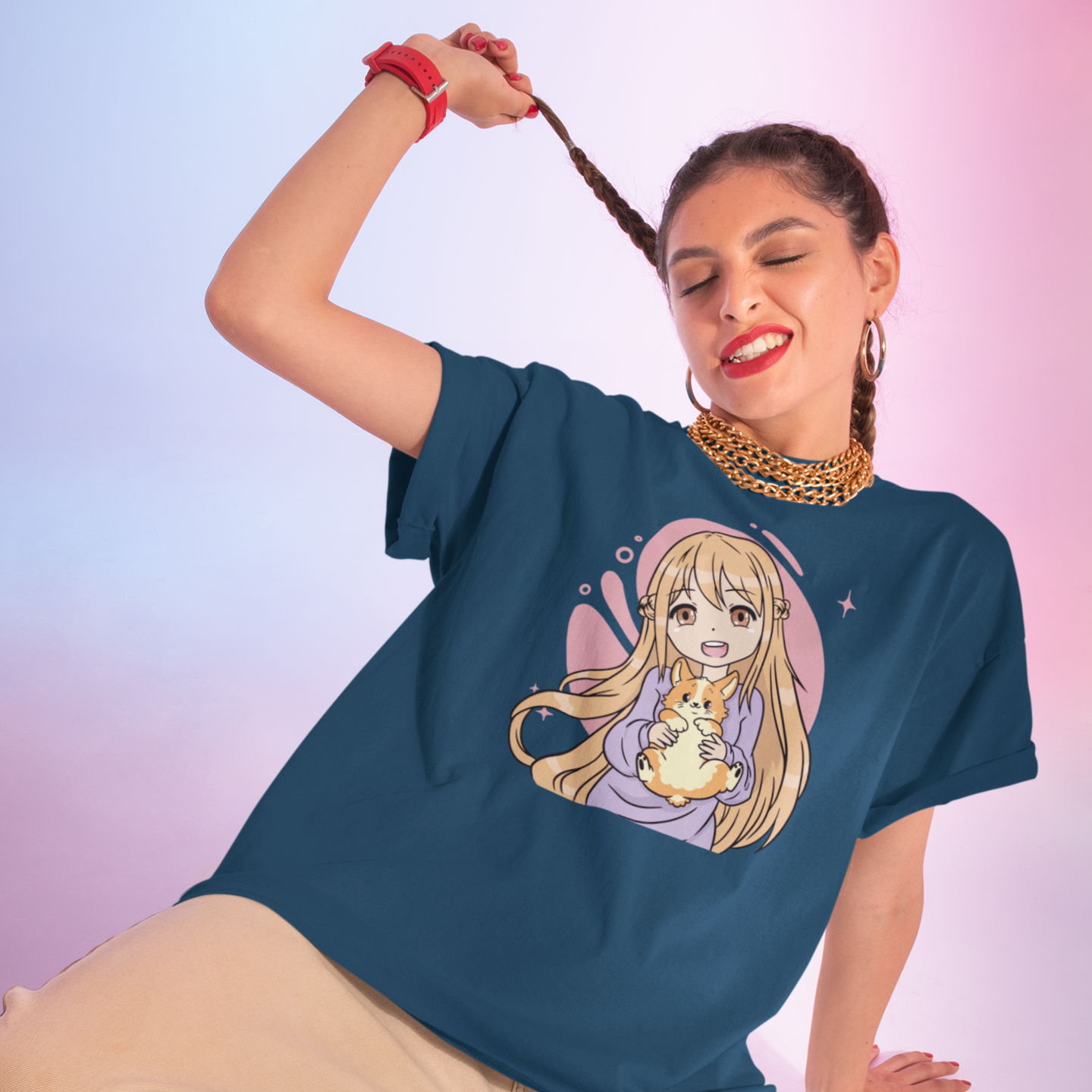 Women corgi dog anime printed oversized crew neck Tee