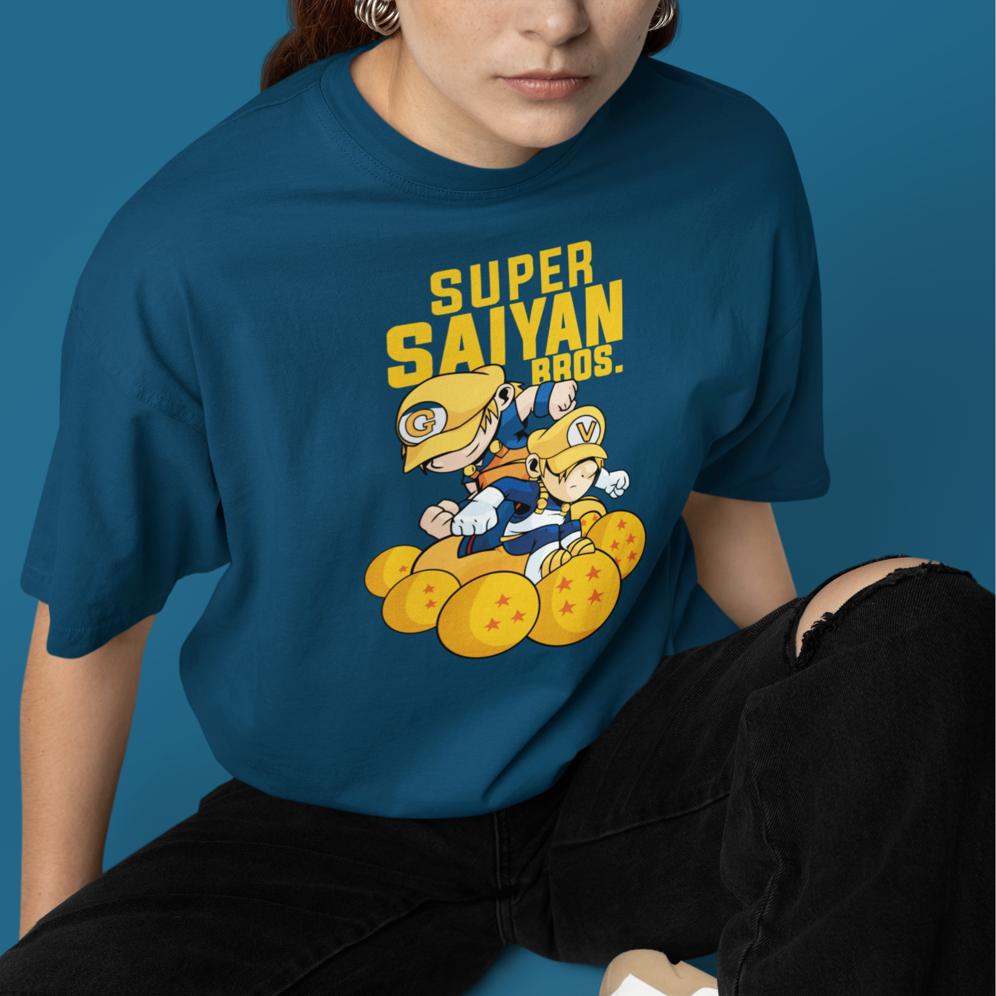 Women Saiyan bros graphic printed  oversized Tee