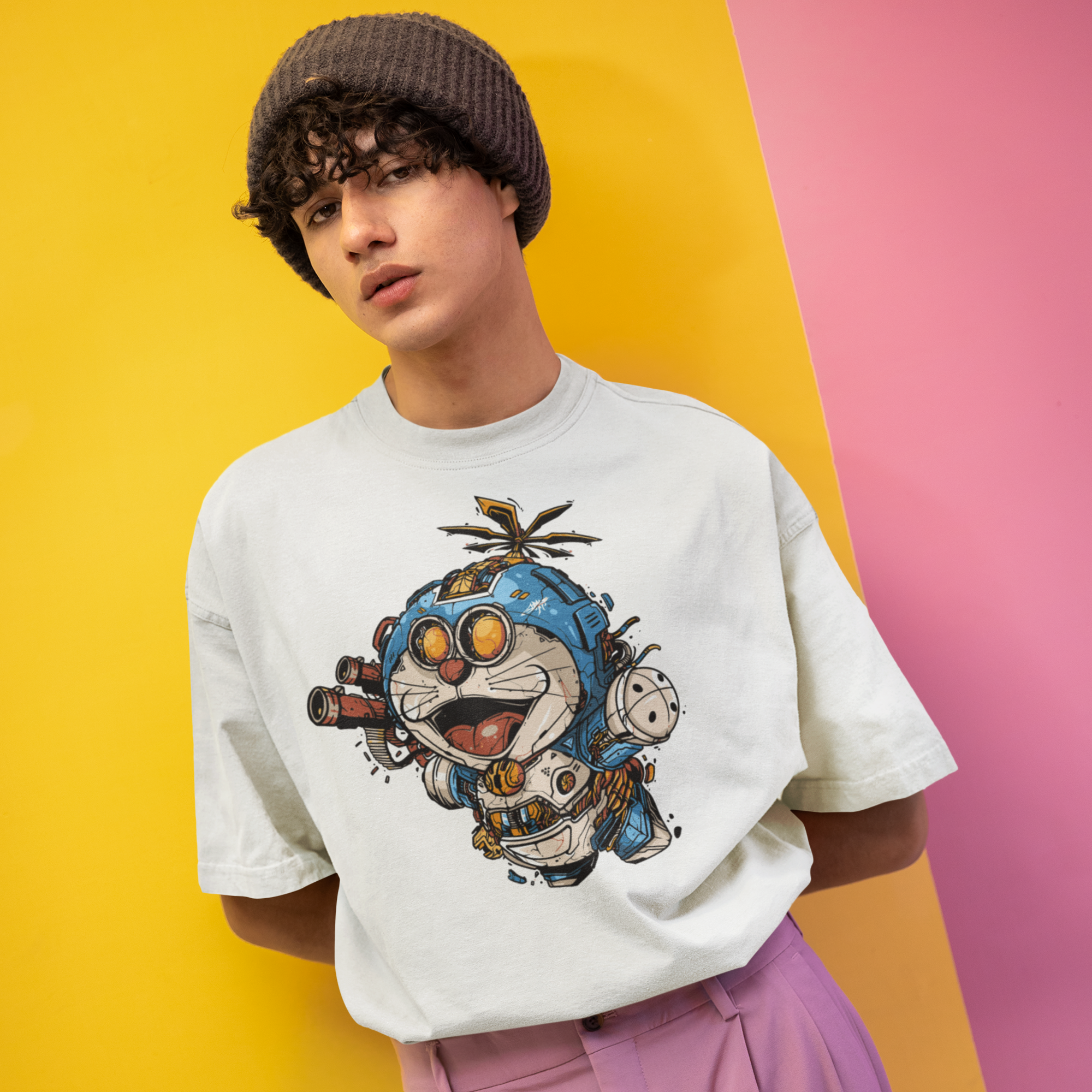 Men doraemon graphic printed oversized tee