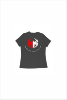 Black t-shirt with a red and white logo