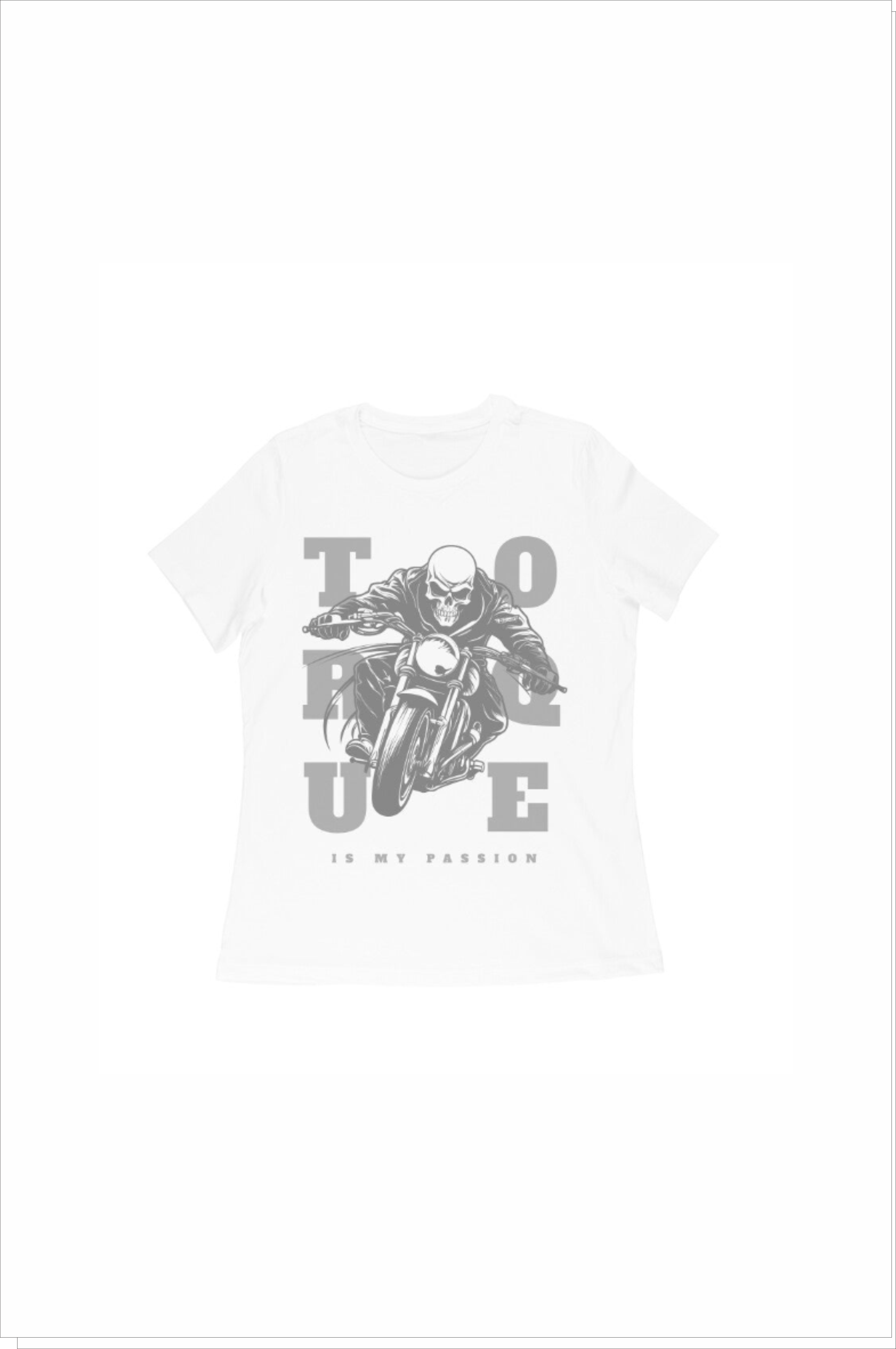 White t-shirt with a graphic of a motorcycle and text 