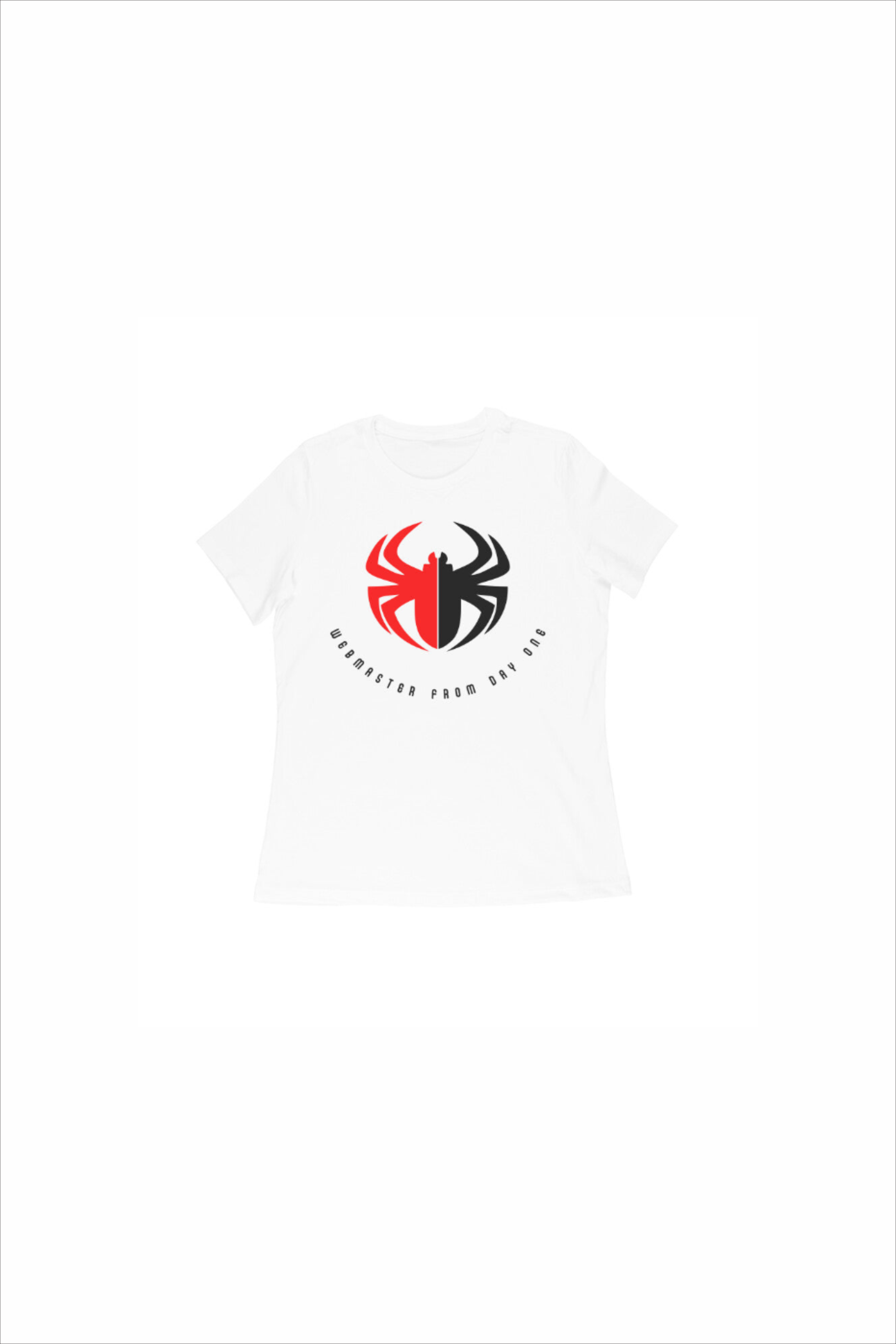 White t-shirt with a black and red spider logo 