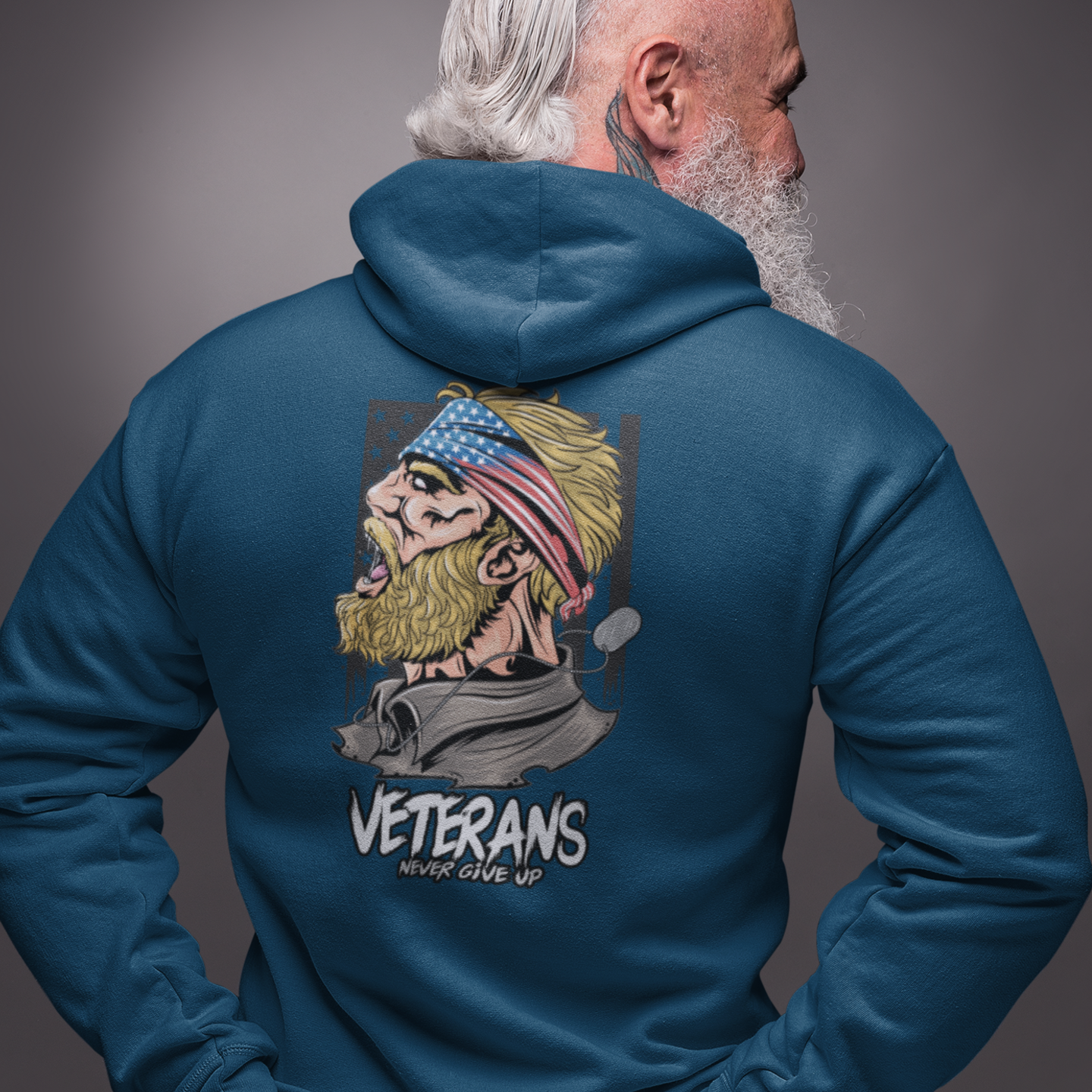 Oversized hoodie in navy blue with veteran skull illustration on back